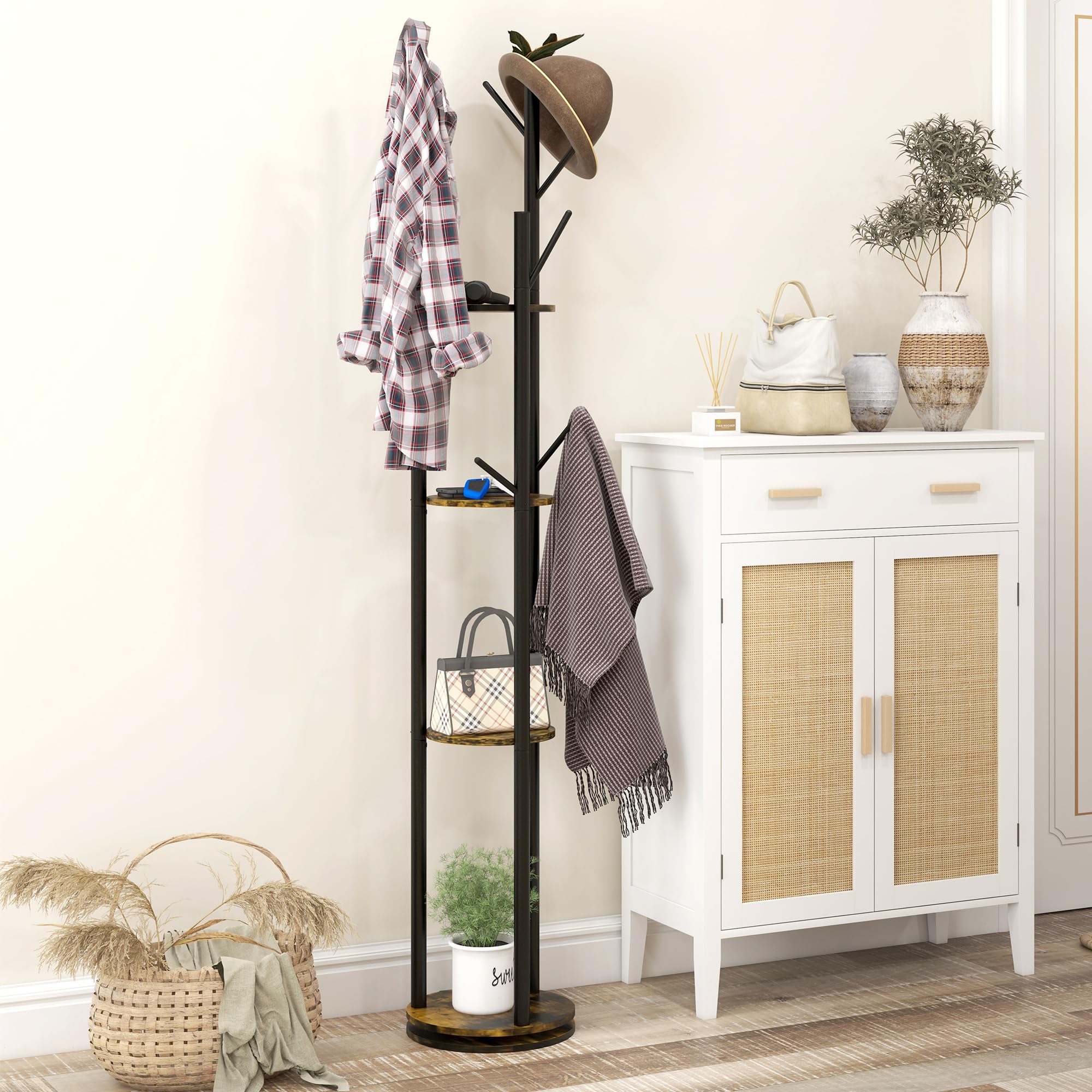 HOMCOM Appendiabiti da Terra Girevole con 8 Ganci e 4 Mensole, Attaccapanni Stile Industriale per Ingresso e Camera, Ø30x175cm, Marrone