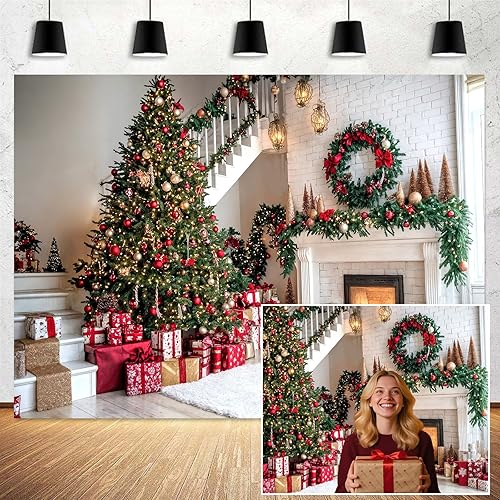 Telón de fondo de chimenea de Navidad, árboles de Navidad, escaleras, regalos, leñas, decoración de fiesta de Feliz Navidad, fondos de fotografía,