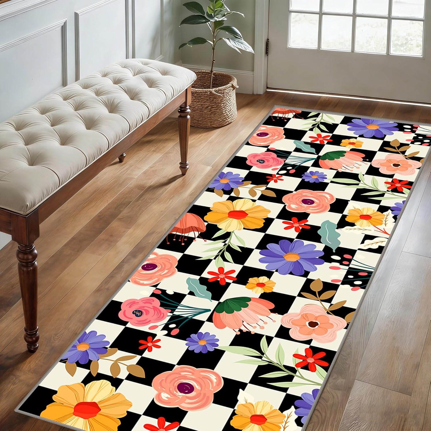 Floral Kitchen Rugs, 2x10ft, Black White Buffalo Check Boho Flowers Print Area Rug for Bedroom, Durable Soft Non-Slip Carpet, Rubber-Backed Reduce Noise Machine Washable Mats for Family