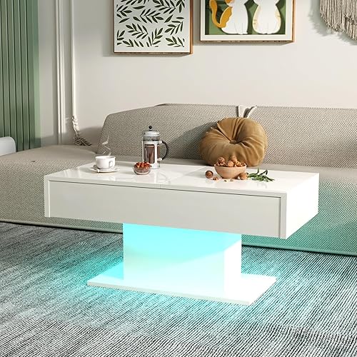 Miniatura 26 de Mesa de centro LED negra con almacenamiento para sala de estar, mesa central rectangular, mesas de centro modernas de madera de alto brillo para