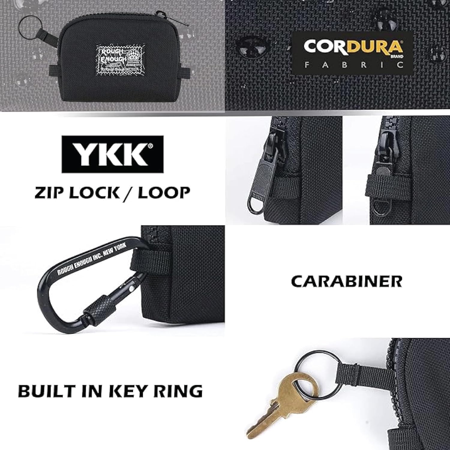 Rough Enough Small Coin Purse Card Wallet Keychain Pouch for Men Women with Zipper Neck Lanyard Black Cordura Water Repellent