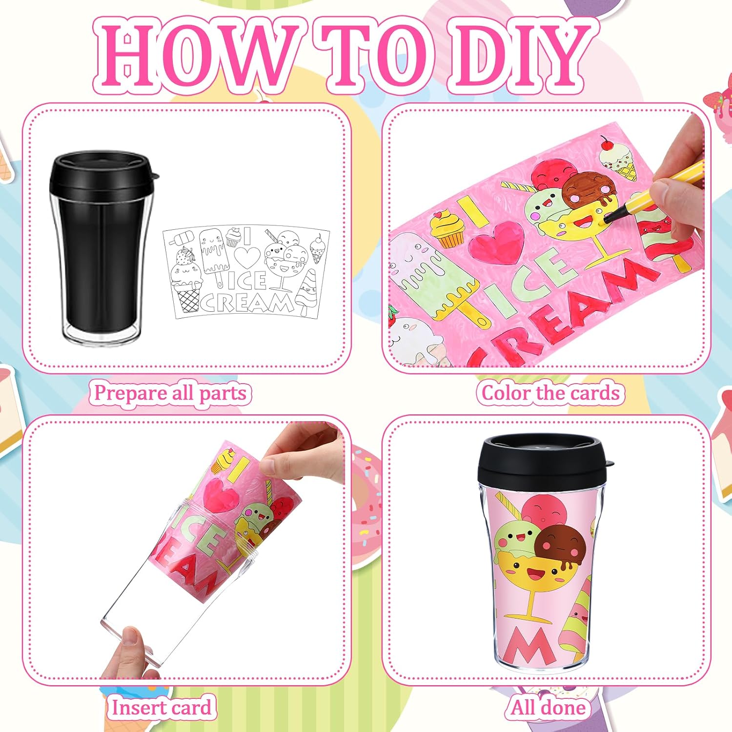 12 Set Summer Ice Cream Color Your Own Cups Bulk 10 oz DIY Coloring Make Your Own Mug Plastic Cups Summer Crafts for Birthday Holiday Party Activities Supplies image 3