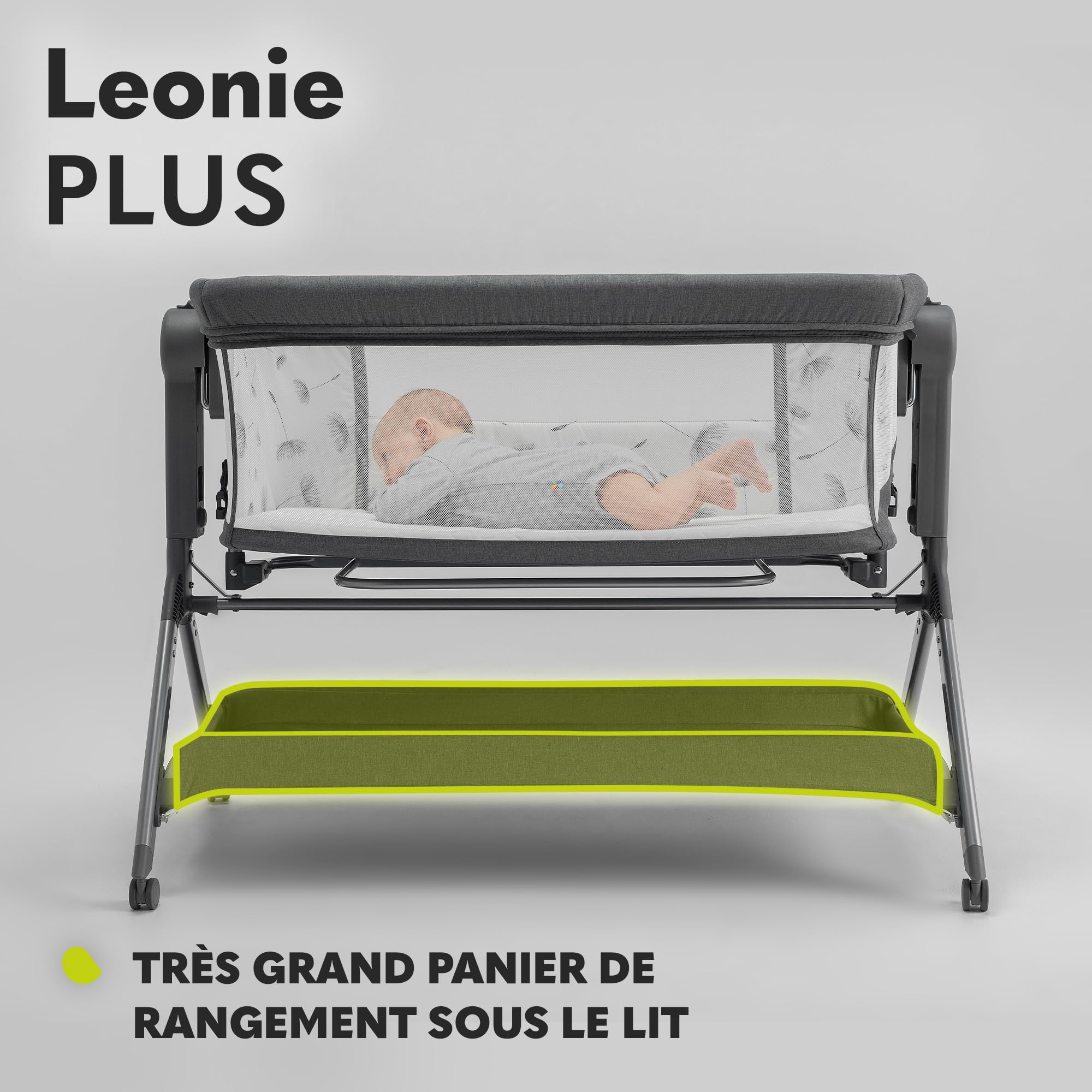 lionelo Leonie Plus Lit Bébé 3 en 1 Jusqu’à 9kg, Cododo et Berceau, Hauteur Réglable, Parois Aérées, Côté Amovible, Grand Panier