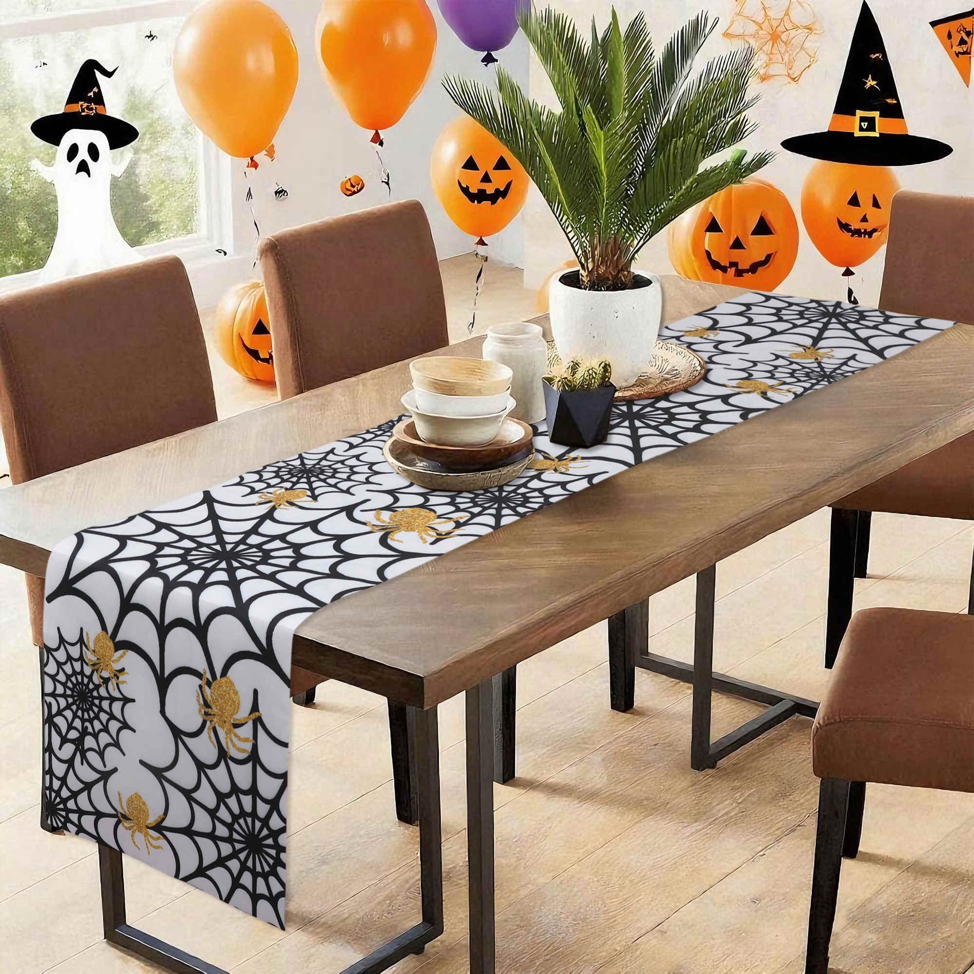 Gyrodymix Table Runners Halloween Spider Web Table Runner for Home Kitchen Dining Table Party Decorations Black White