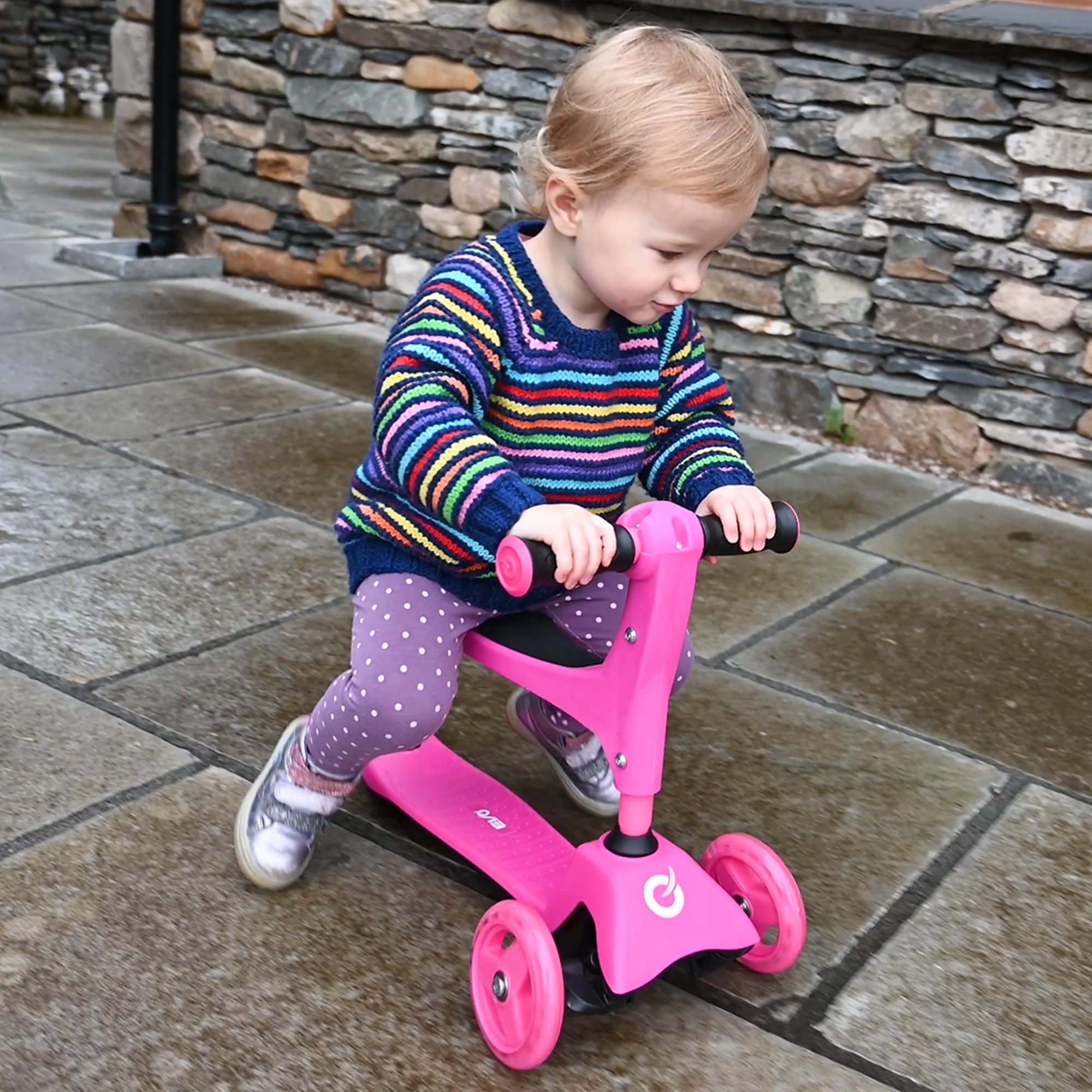 EVO Monopattino Cruiser 3 in 1, colore rosa, manico regolabile, design intercambiabile a 3 fasi, 2 ruote, ideale per bambini da 1 a 7 anni