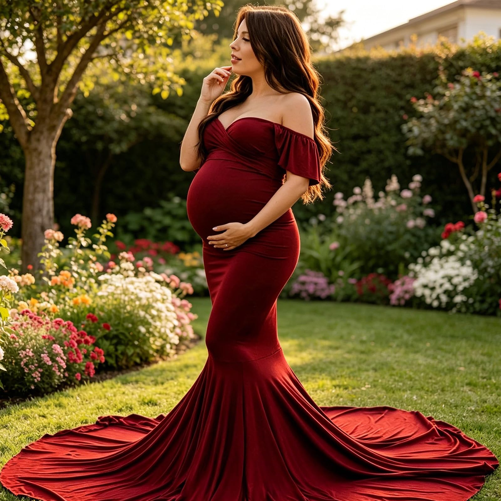 Elegante vestido de maternidad, vestido largo de algodón con dobladillo de arrastre y mangas con volantes para sesión de fotos y ropa de maternidad para invitados de boda