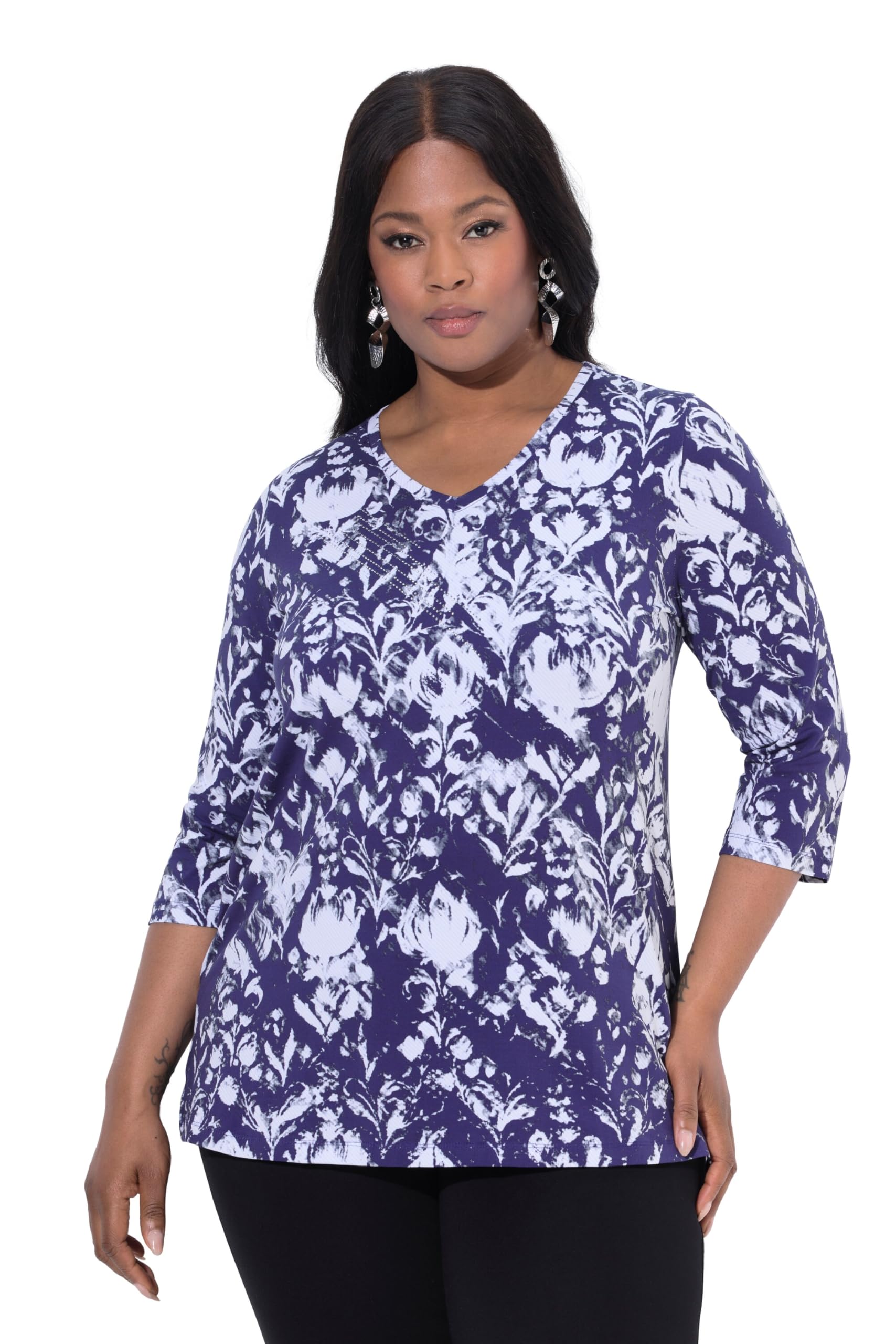 Ulla Popken Damen große Größen Übergrößen Plus Size Pima Cotton Shirt, Ziersteine, A-Linie, V-Ausschnitt, 3/4-Arm 844773