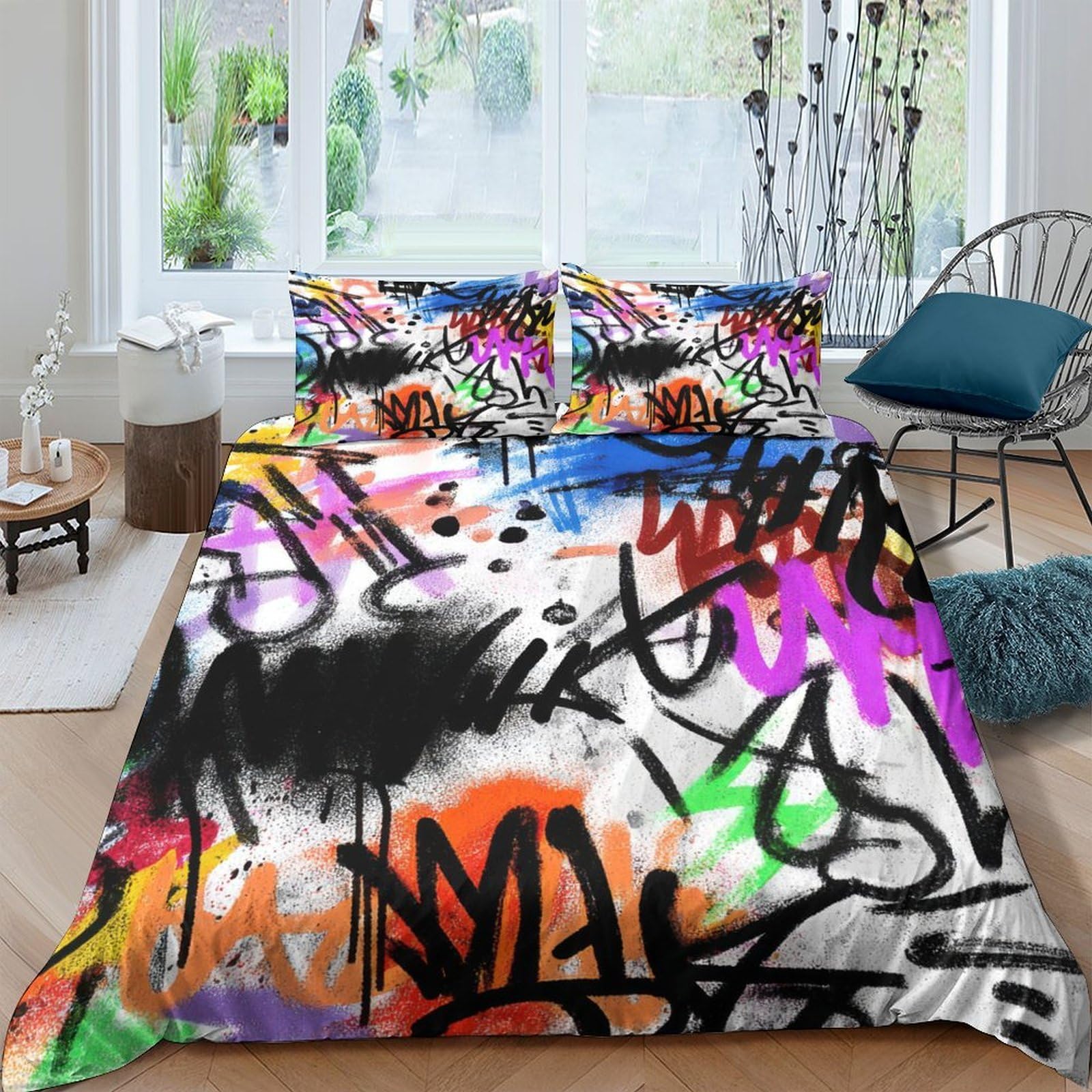 3D Printed Graffiti Art Duvet Cover Microfiber Soft Breathable Urban Street Style Bedding Set with 2 Pillowcases for Bedroom Decor Single（135x200cm）