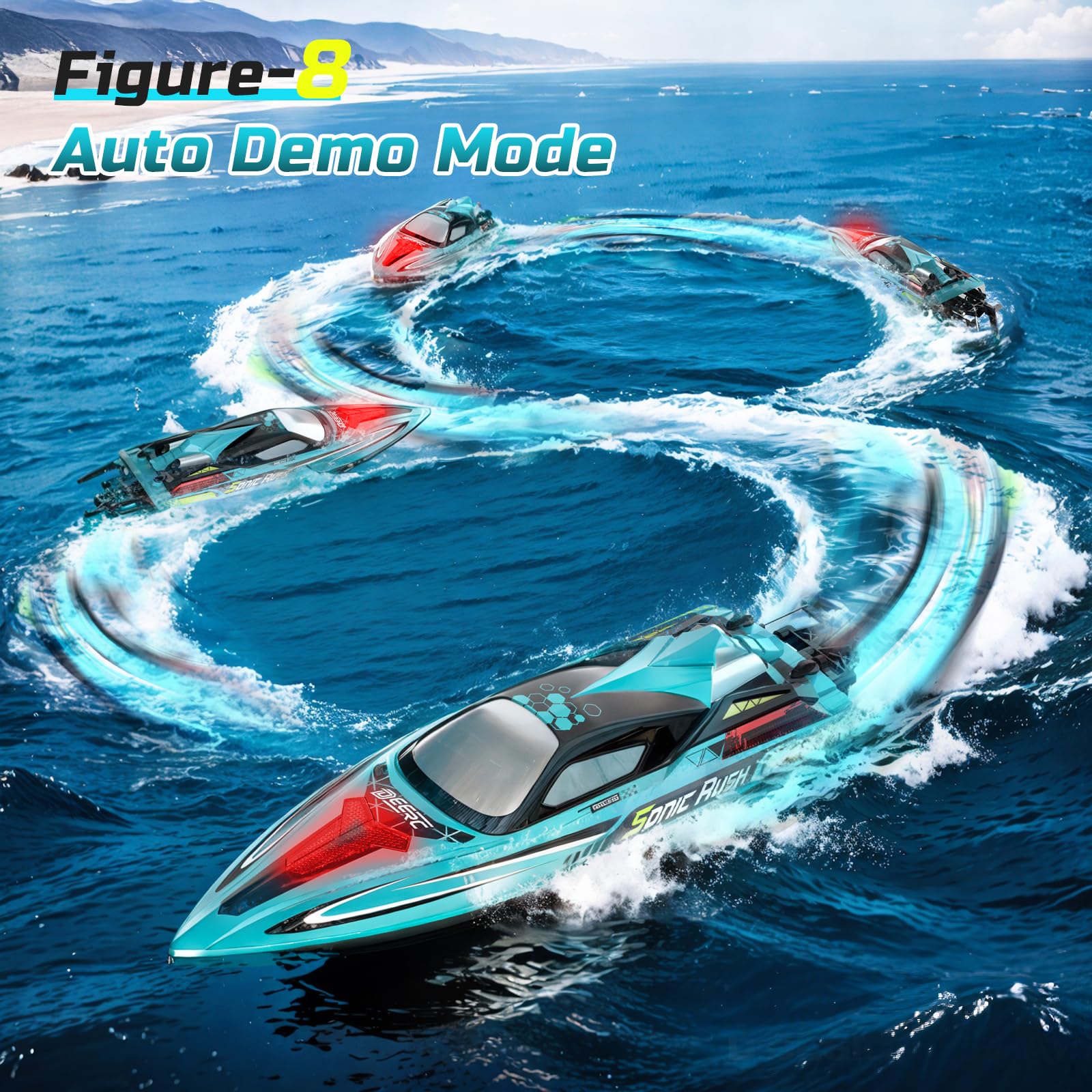 DEERC Brushless RC Boat for Adults, 34MPH Extra-Long 19" High Speed Remote Control Boats with 3S (11.1V) Battery, LED Lights, Self-Righting, 2.4GHz Racing Boat for Pool Lake, Gift Toy for Boys & Girls