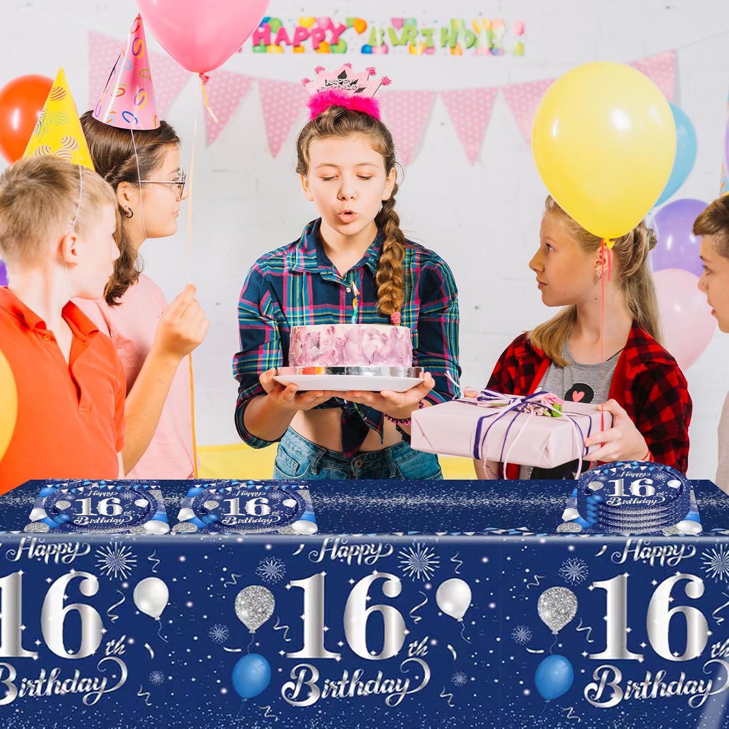 41PCS 16th Birthday Decorations for Boys Navy Blue Silver 16 Years Old Birthday Decorations Sweet 16 Plates Napkins Tablecloth for Boys Girls 16th Birthday Party Supplies - Image 7