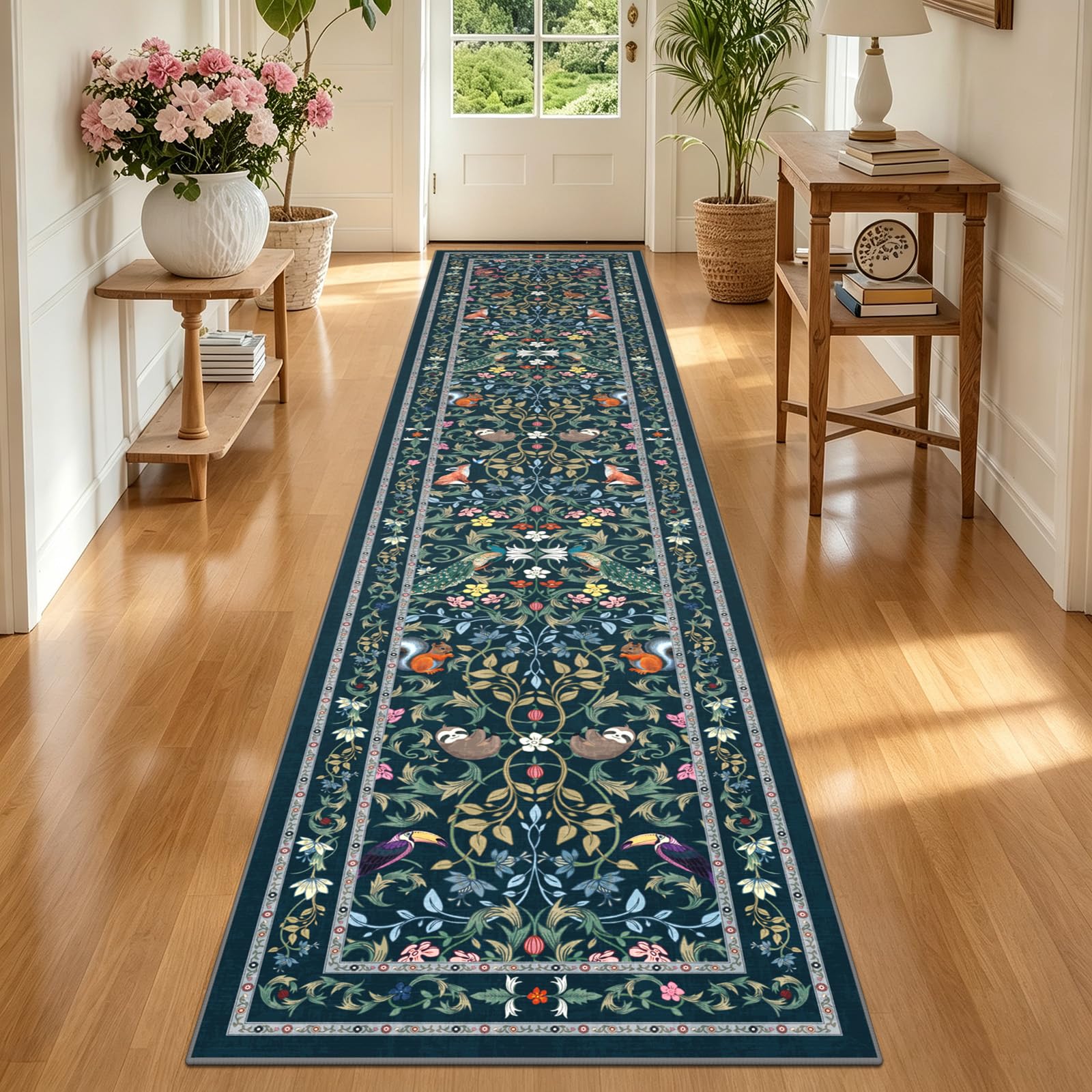 TUKDAK Runner Rugs for Hallway Non Slip 60x300cm, Blue Animal Washable Kitchen Carpet Runner, Boho Forest Floral Long Hall Rug for Entryway Bedroom Laundry Living Room, Low Pile Non Shedding