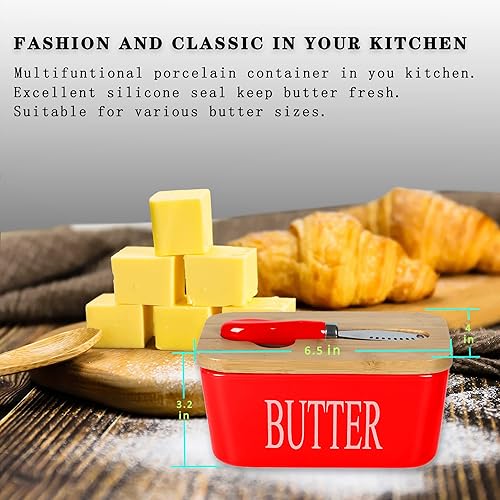 Miniatura 10 de Mantequillera grande con tapa para encimera, recipiente de mantequilla de cerámica con soporte para cuchillos, sellos de silicona dobles, diseño de