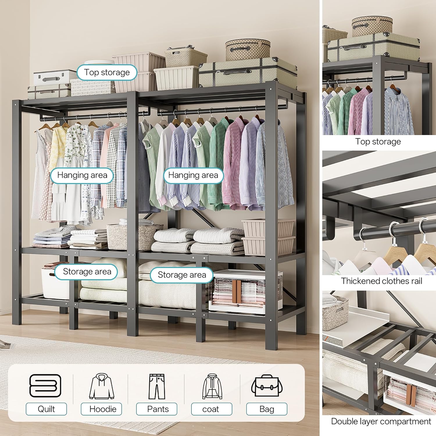 49.2in Heavy Duty Portable Closet with Cover, 1500lbs Foldable Covered Metal Clothing Wardrobe Closet System, Heavy Duty Garment Rack for Hanging Clothes, for Bedroom,Apartment,Rental Property,Gray
