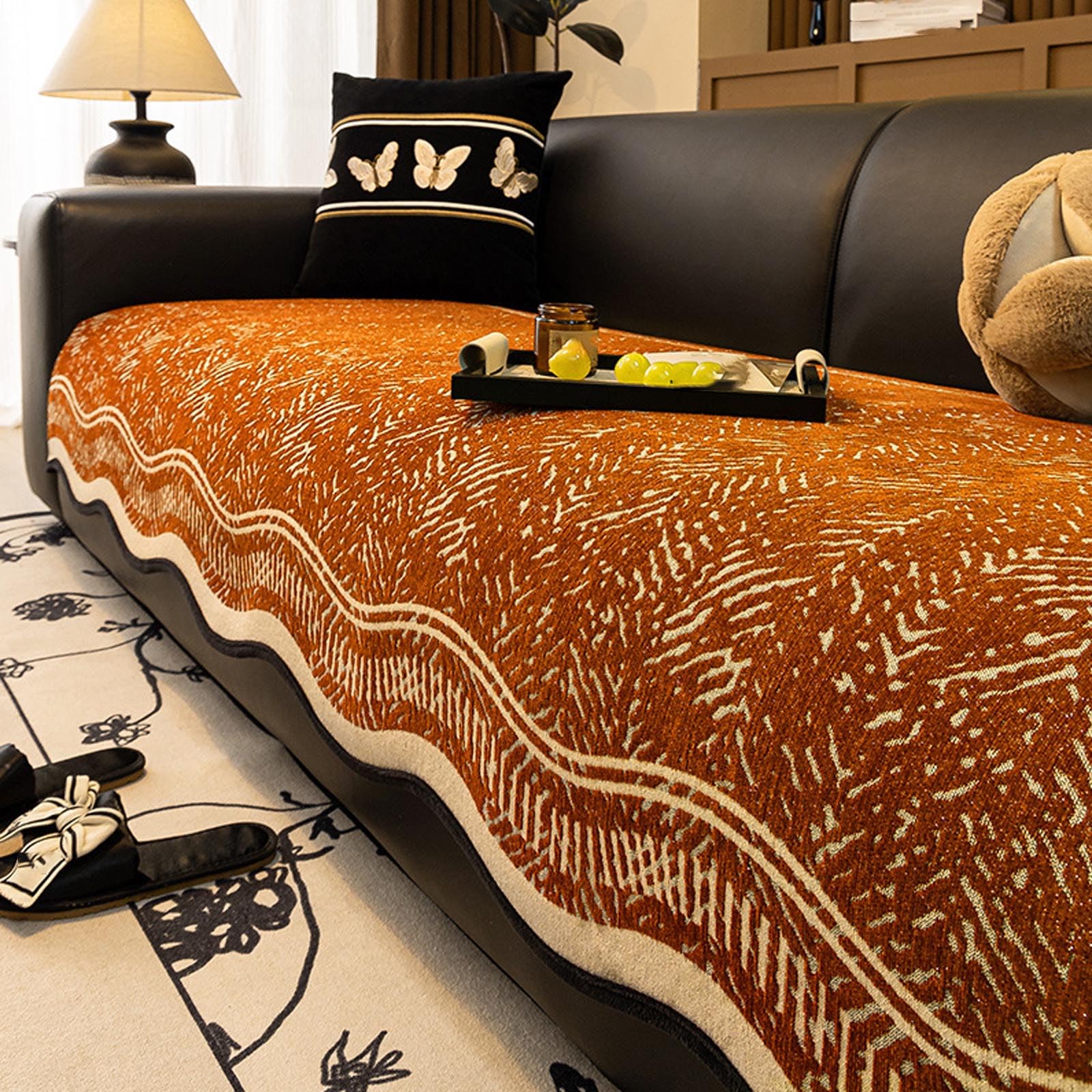 Housse de canapé orange 90x240 jacquard universel pour causeuse vintage