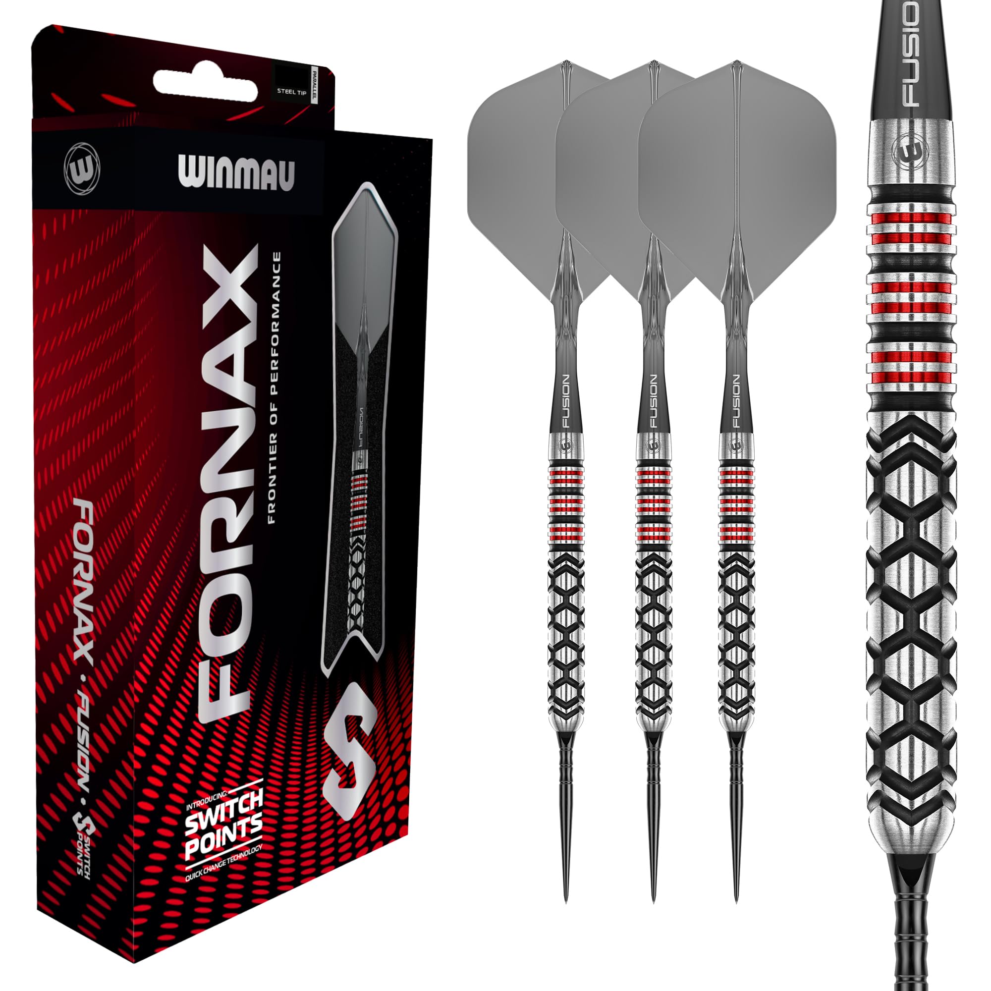WINMAU Darts-Fornax – Set di freccette professionali al 90% in tungsteno, tecnologia Switch Point, fusti paralleli neri e rossi, 2 punti intercambiabili (onda e liscia), sistema di cambio rapido |