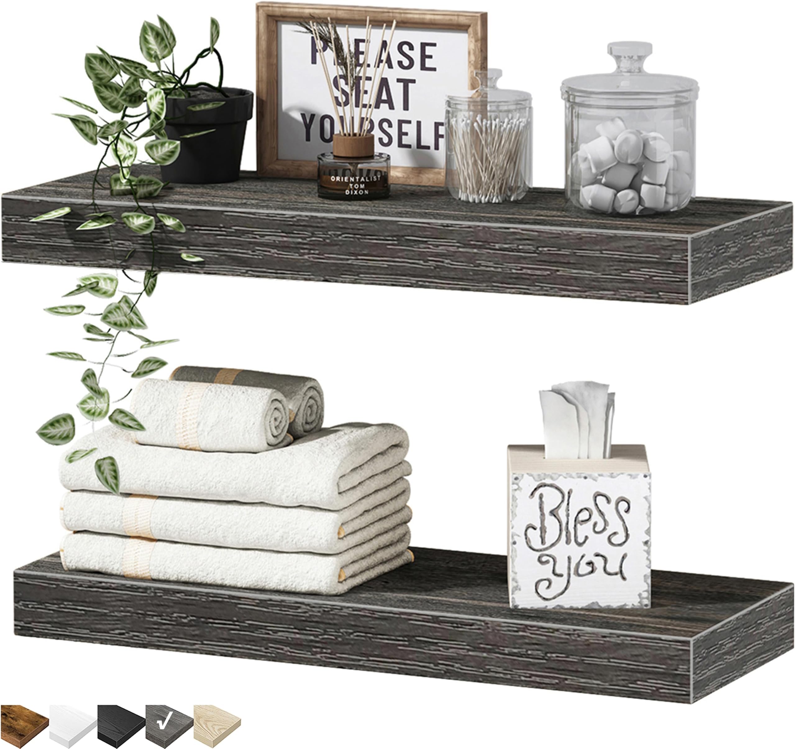 QEEIG Bathroom Floating Shelves for Wall - 15.7" Wall Mounted Shelf Over Toilet Farmhouse Home Decor Display Bookshelf Small 15.7 x 6.7 inch Set of 2, Grey (008-40GY)