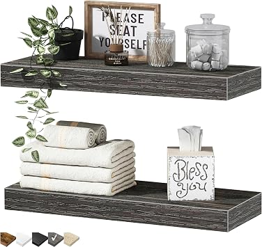 QEEIG Bathroom Floating Shelves for Wall - 15.7" Wall Mounted Shelf Over Toilet Farmhouse Home Decor Display Bookshelf Small 15.7 x 6.7 inch Set of 2, Grey 008-40GY