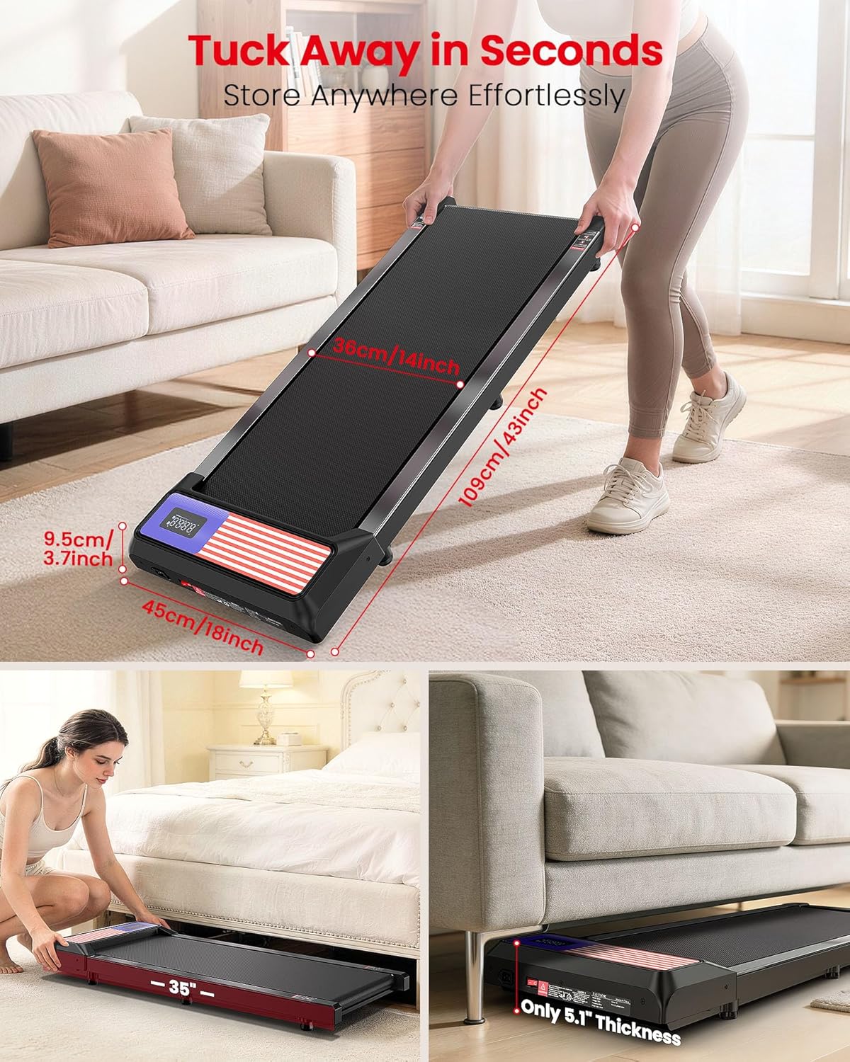 Walking Pad Treadmill with 5% Incline, Under Desk Treadmill for Home Office, 2.5HP Quiet Portable Walking Pad, 265 lbs Capacity, Compact Treadmill for Small Spaces with 15" x 35.4" Belt