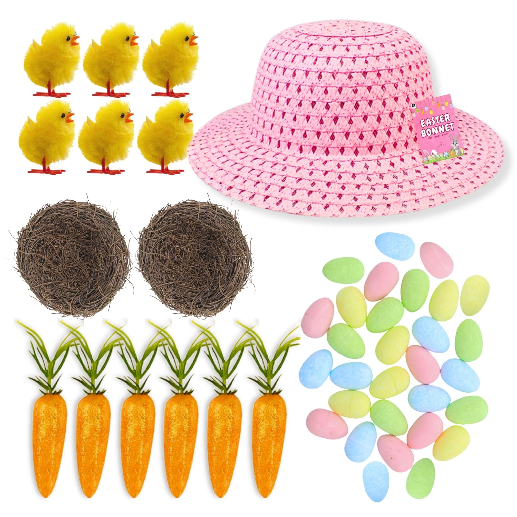 Akh Pink Kids Easter Bonnet Kit | Easter Bonnet Set Make Your Own Easter Bonnet Hat | Easter Eggs Chicks Carrots Craft Nests With Bonnet Hat | 46Pcs | Easter Bonnet Decoration Craft Supplies |