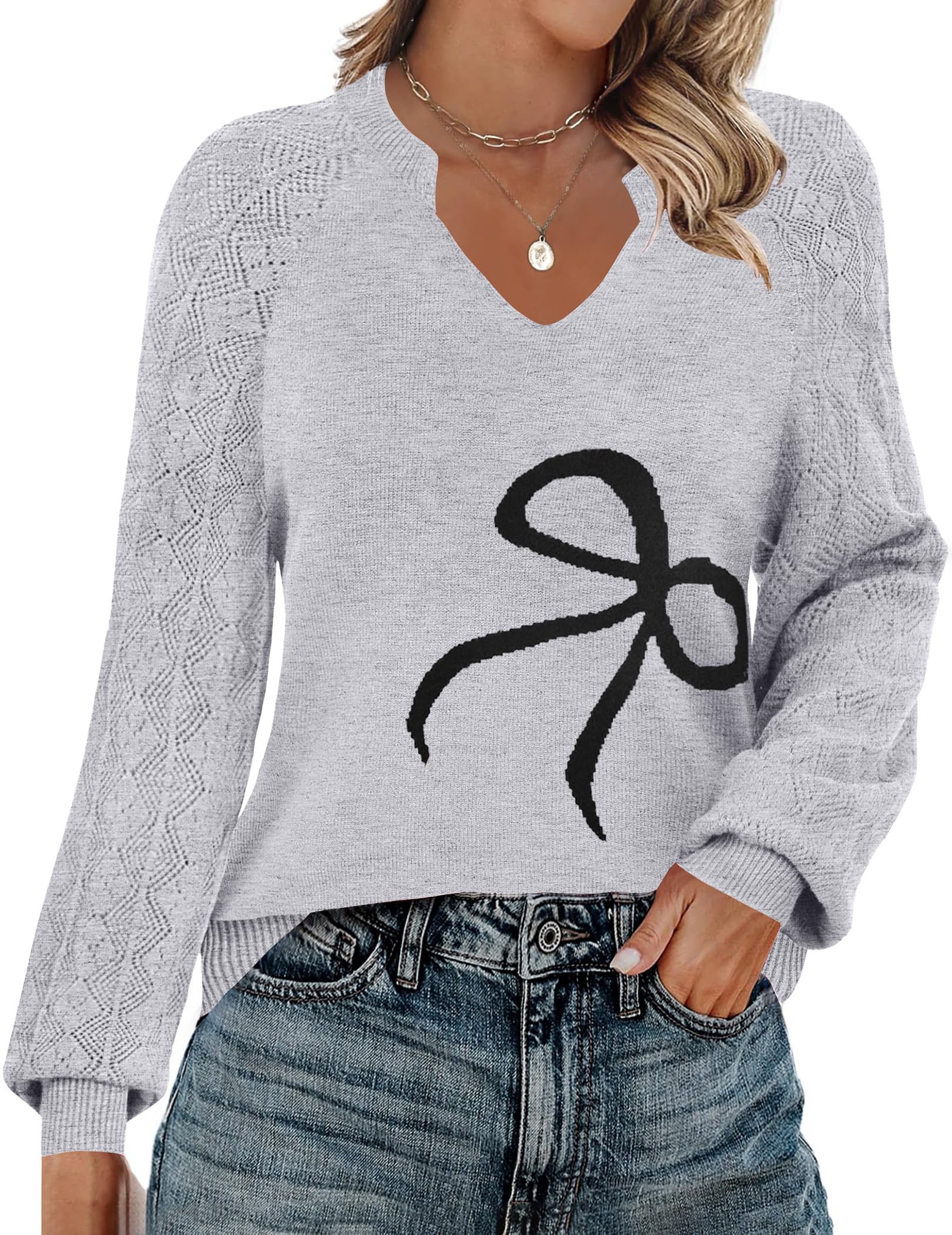 Zeagoo Womens 2026 Fall Sweaters Casual Long Sleeve V Neck Loose Lightweight Crochet Knit Pullover Sweater Tops