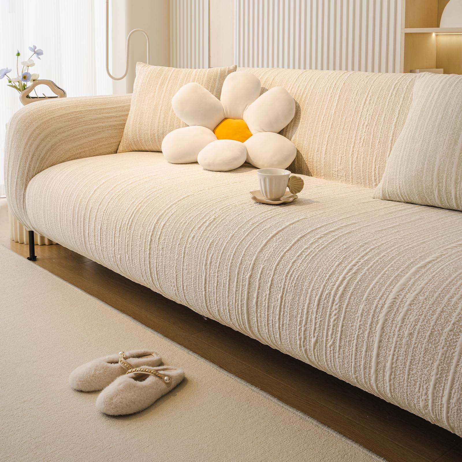 Copridivano 3 Posti con Braccioli, Copridivano Antigraffio Gatto, Copri Divano Elasticizzato Elastico, Universale Sofa Cover Antimacchia Lavabile Antiscivolo (3 Seduta, Beige)