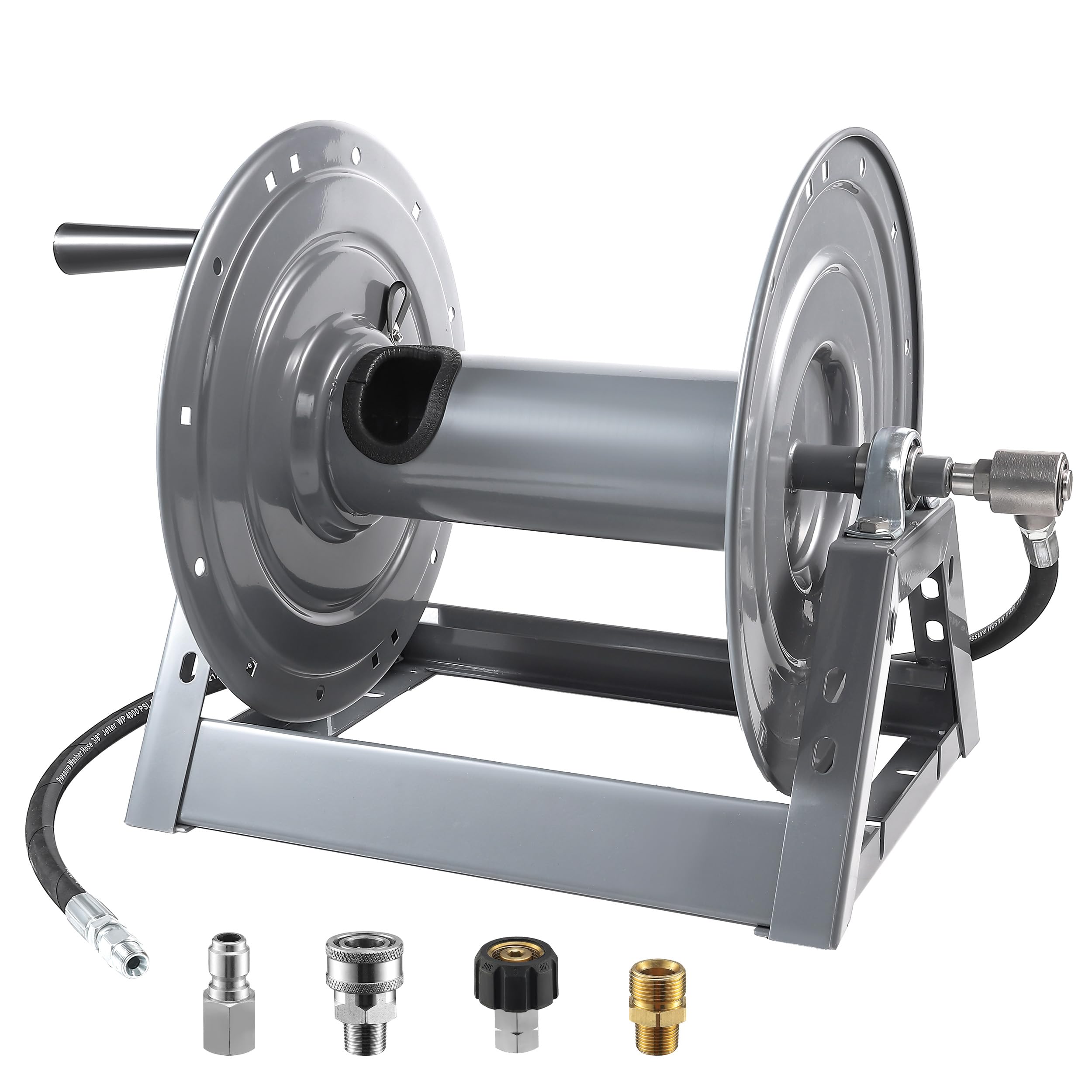 M MINGLE Pressure Washer Hose Reel 300ft, Heavy Duty Hose Reel, Manual Crank Power Washer Hose Reel with Swivel Arm, Wall/Floor/Truck Mounted, 4000 PSI