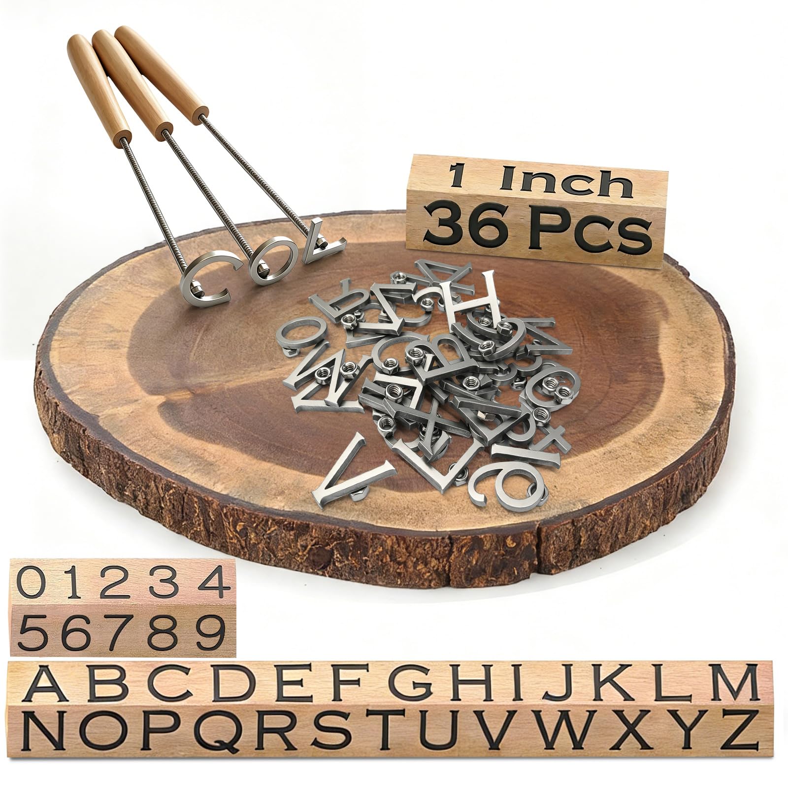Juego de 36 piezas de hierro de marca de 1 pulgada, kit de marca de números de letras de acero inoxidable con 26 letras A-Z, 10 números del 0 al 9, 3 varillas de calefacción y guantes antiquemaduras