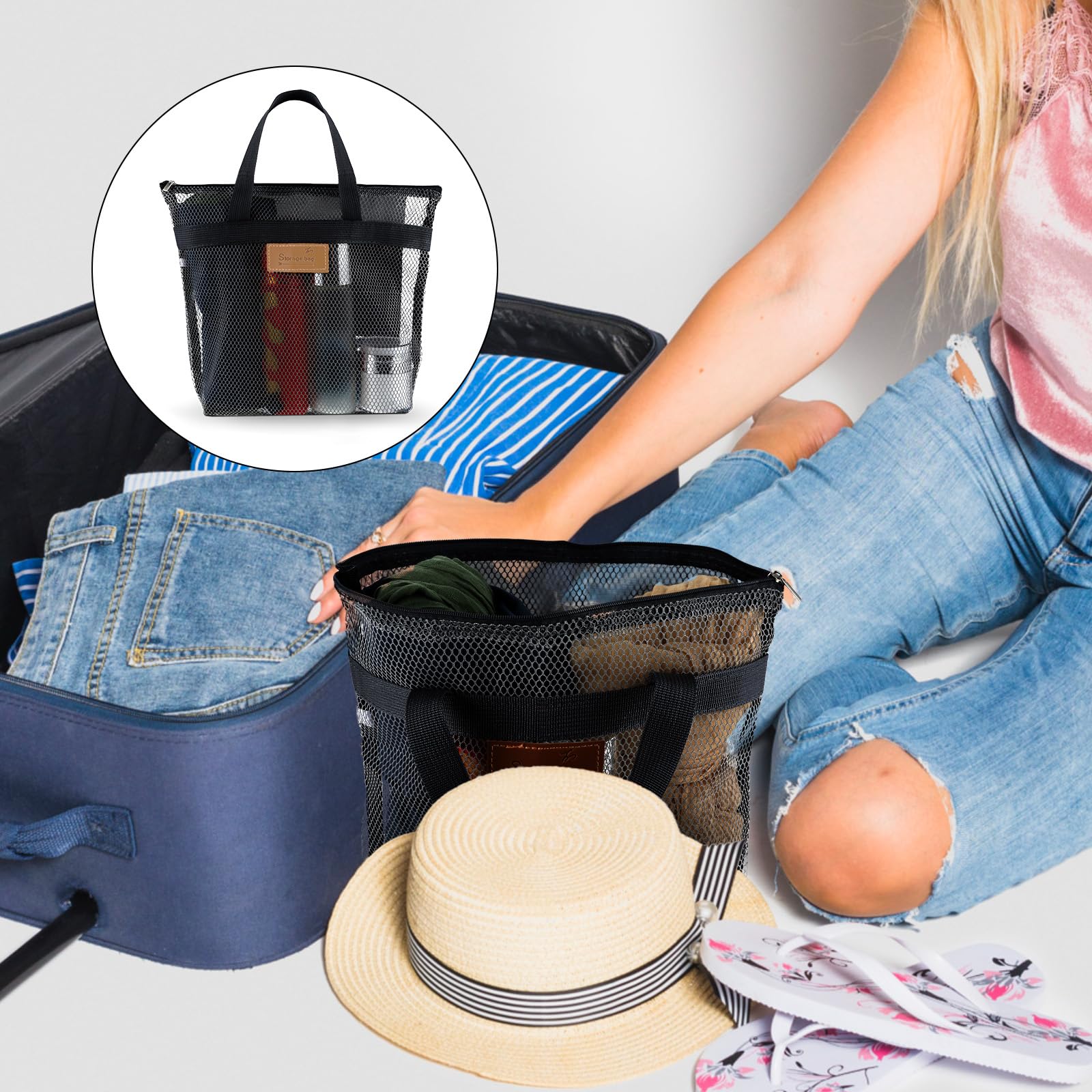 Molain Bolsa de ducha de malla, bolsa de playa portátil de gran capacidad, organizador de baño, bolsa de ducha de viaje para viajes, gimnasio, natación, playa