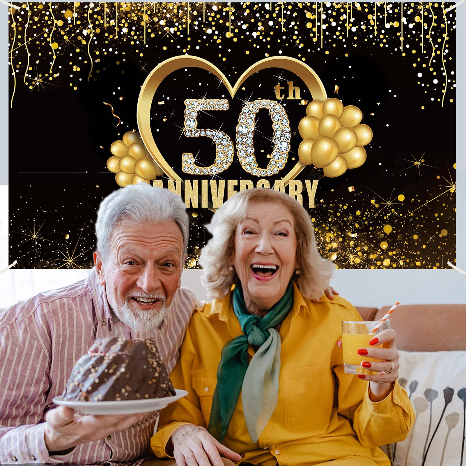 Striscione 50° Anniversario - 150x90cm, Vinile, Decorazione Per Feste, Oro E Nero - Foto 4