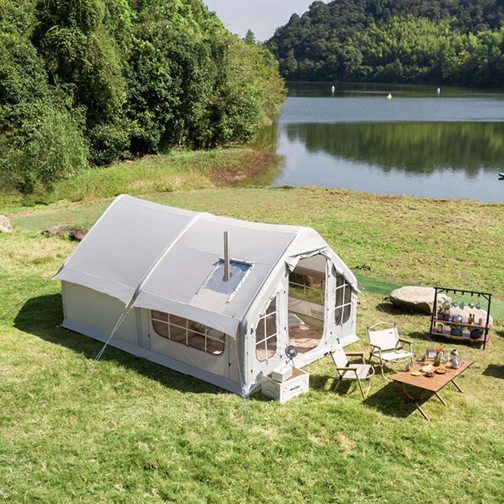 Tente De Camping Gonflable avec Ouverture De Cheminée, Tente Gonflable, Grande Tentes Extérieure Imperméables avec Pompe À Air pour 6-8 Personnes, Tentes Camping Familiale, Protection UPF 50+