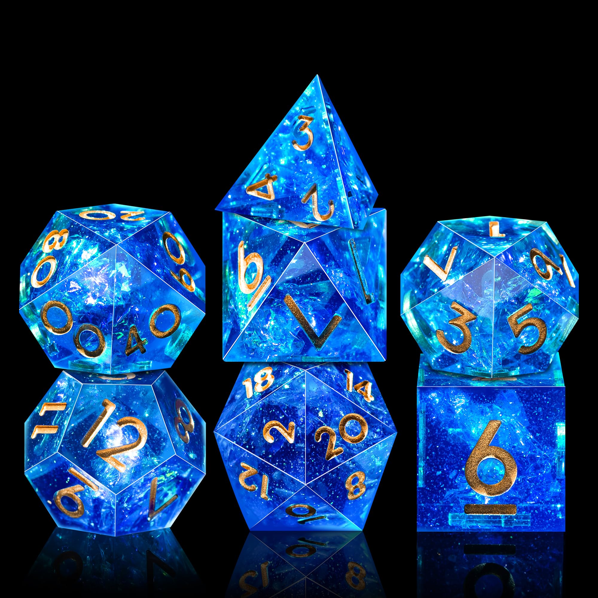 SIQUK 7 Piezas Set Dados DND Poliedricos Juego de Dados Poliédricos 7-Die DND Dice D4 D6 D8 D10 D12 D20 D% para D&D RPG MTG Dungeons and Dragons (Azul & Oro) - 2