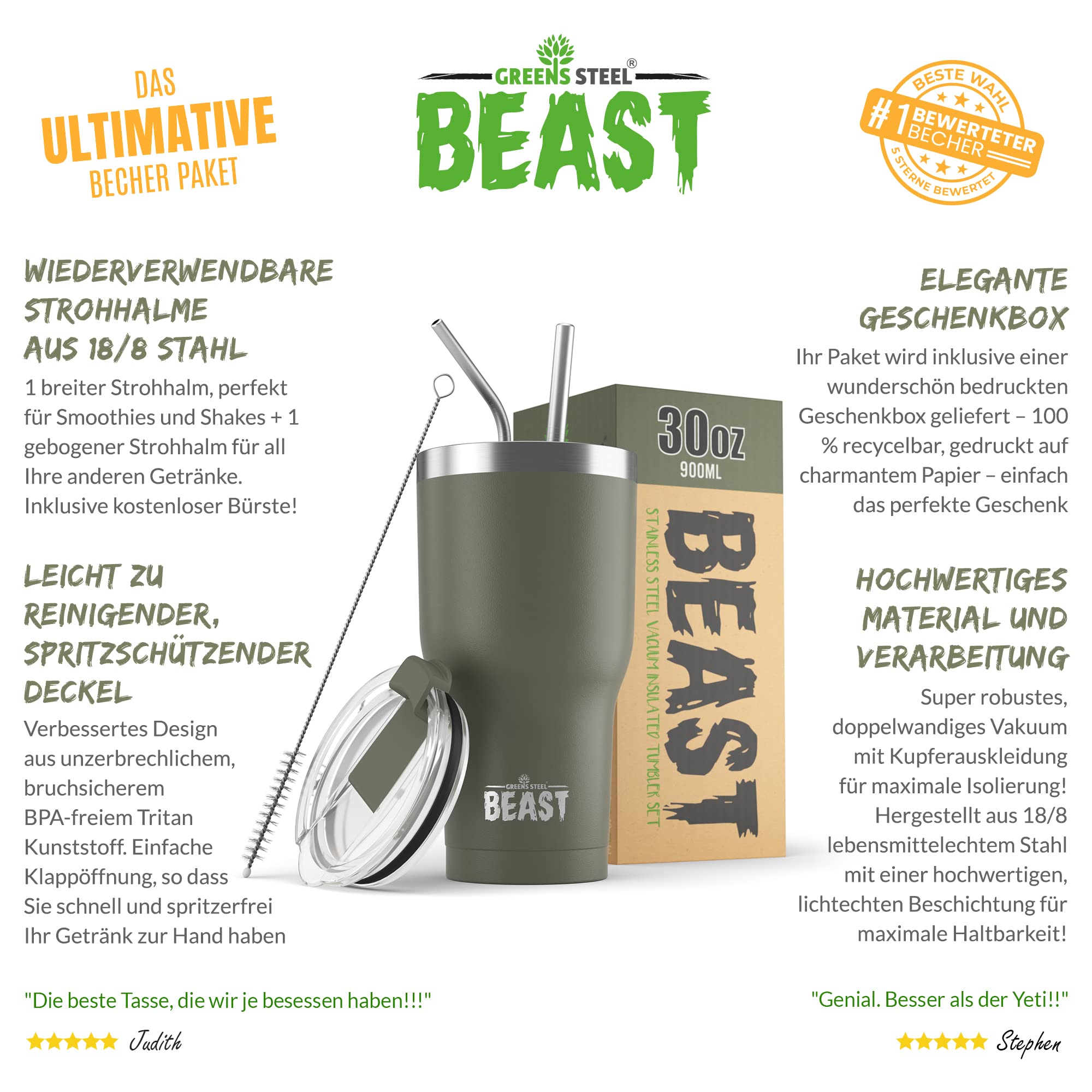 Greens Steel Beast Tumbler – 900 ml (30 oz), Armeegrün | Wiederverwendbarer Edelstahl, vakuumisolierter Becher | mit 2 Strohhalmen & Reinigungsbürste | Doppelwandiger Reise-Thermobecher - 4