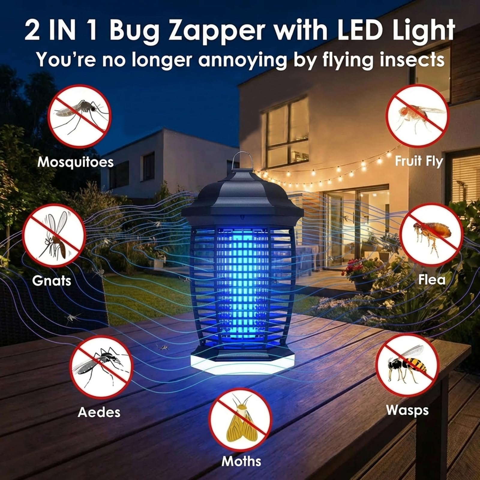 seenlast Elektryczna pułapka na owady, 4200 V, 15 W UV + 9 W LED, wodoszczelna, IPX4, do zastosowania wewnątrz i na zewnątrz (kabel 3 m)