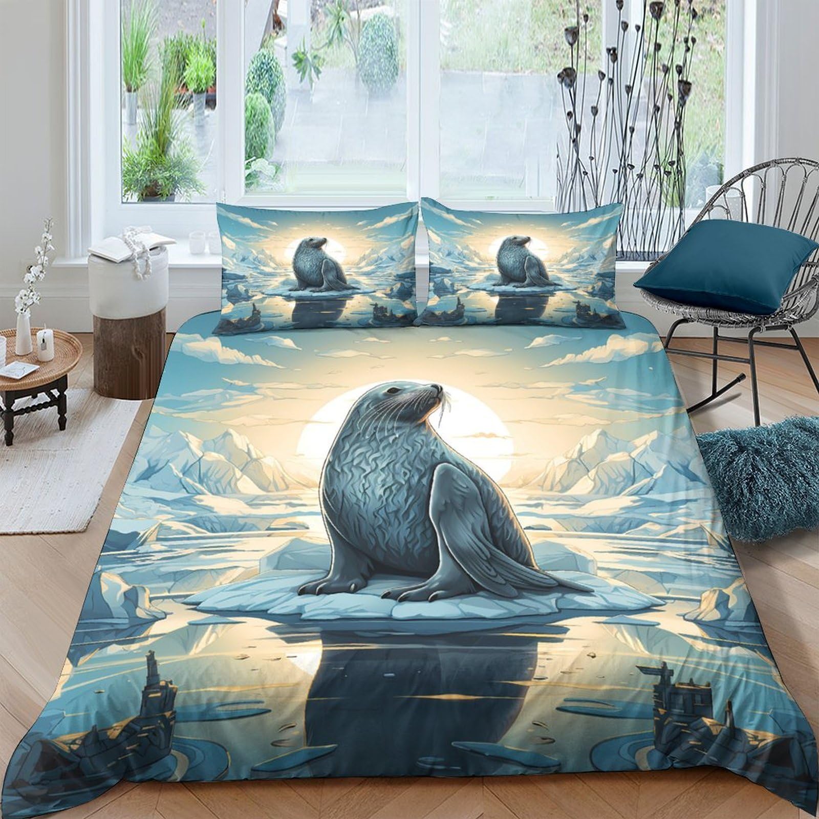 Ctjqhvkz Style-6 3D Printed Arctic Seal Fitted Sheet Microfiber Soft Blue Sunrise Iceberg Bed Cover For Bedroom Dorm Mattress Decor Single（135X200cm）