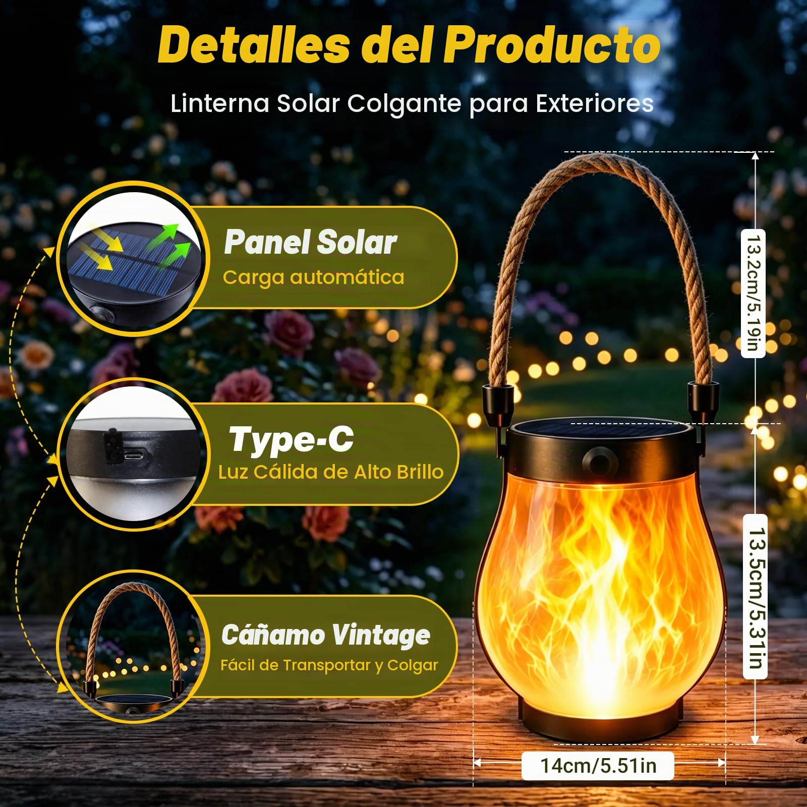 Paquete De 2 Linternas Solares Exteriores, Luces Jardín LED Impermeables Llama Danzante, Cuerda Cáñamo Doble USB Solar Para Patio Jardín Decoración Regalo Cumpleaños