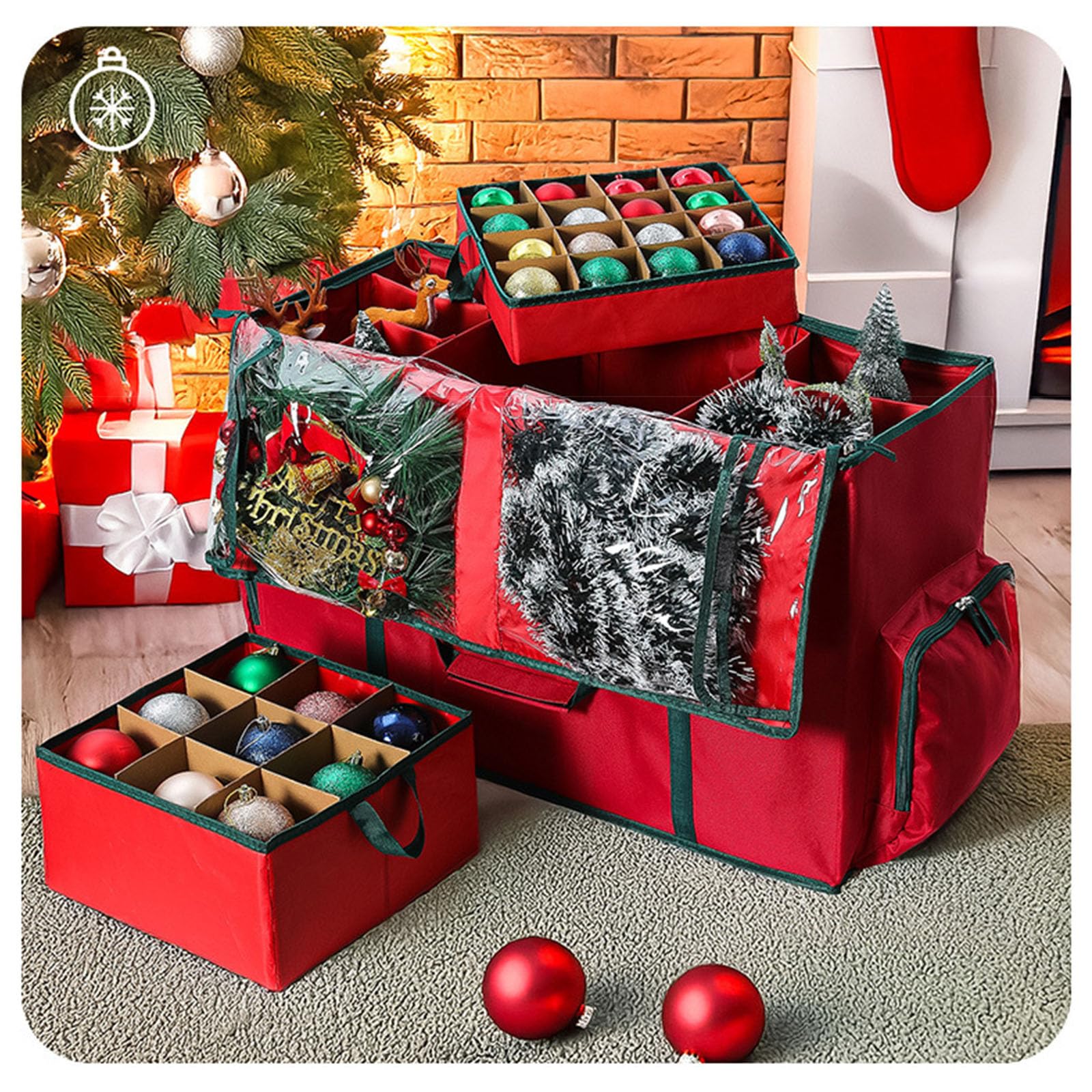 Weihnachtskugeln Aufbewahrung, Aufbewahrungsbox für Weihnachtskugeln mit Deckel, Large Pocket, 600D Oxford-Gewebe, 5 Tabletts, Doppelreißverschluss (Rot,71x31x45cm)
