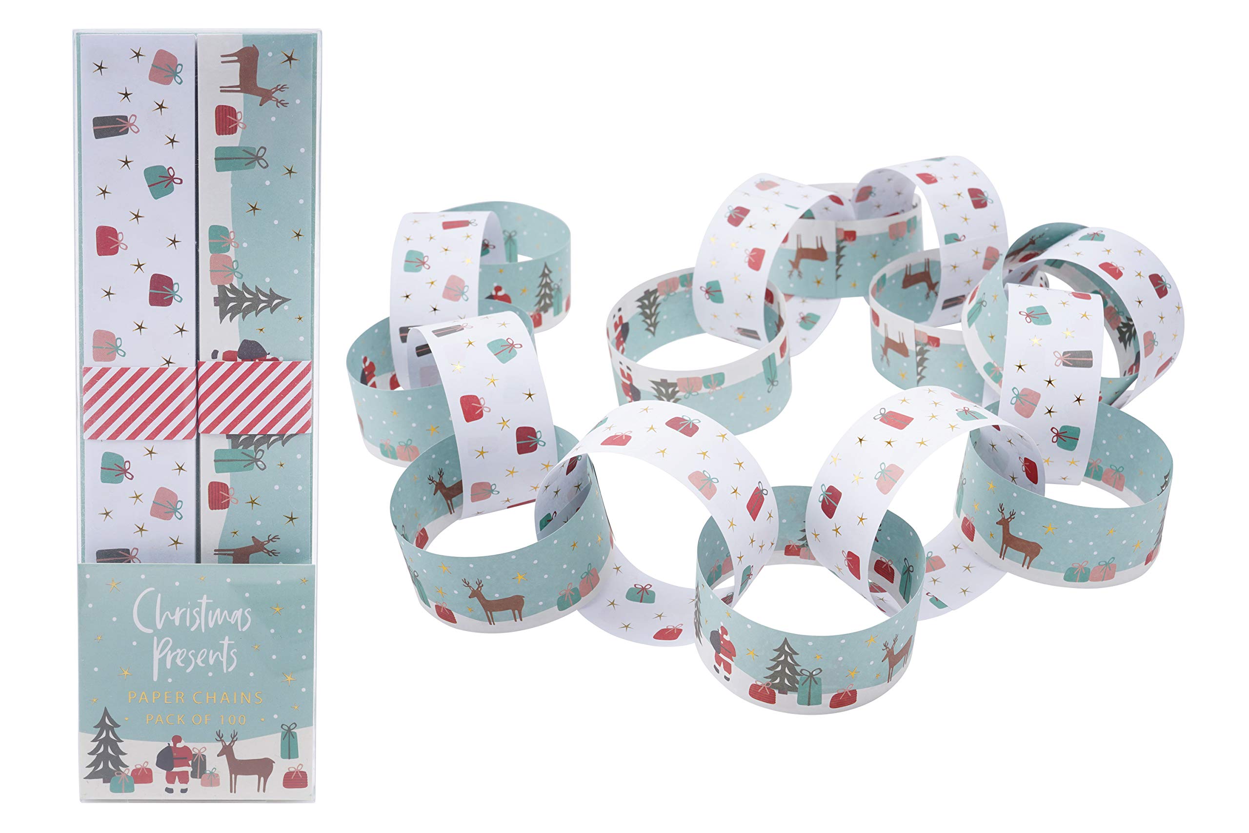 Cgb Giftware Red, White, Green, Gold, Pink, Blue | Christmas Decoration Pack Of 100 Wrapped Presents Themed Design With Gold Detailing | 5 Metre | Self Stick Retro Paper Chains Garland | Christmas Decoration | Home Activity | Gb05488