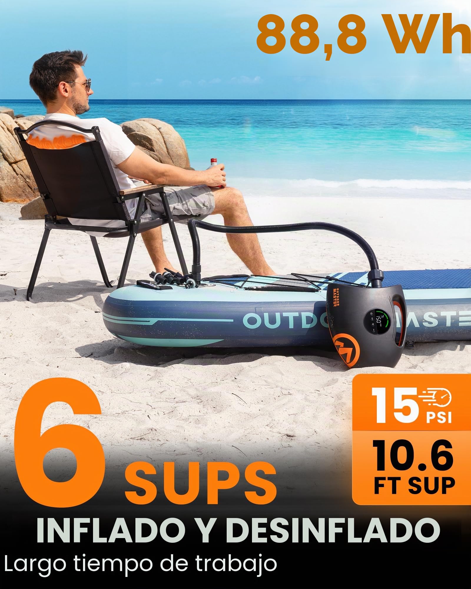 OutdoorMaster Bomba de aire SUP recargable de alta presión de 20 PSI, 88.8 Wh, tiburón eléctrico 2S, apagado automático y desinflación, entrada de 12 V CC y tipo C, para tablas de remo inflables,