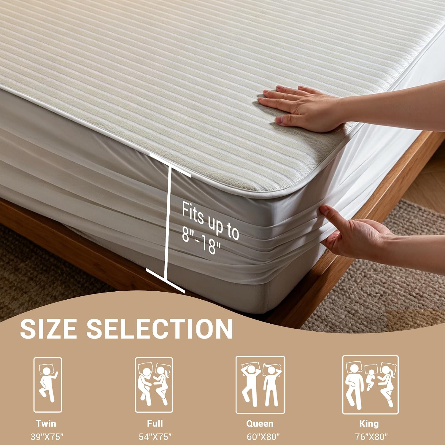 SheRest 500GSM Waterproof Cooling Mattress Protector King Size, Fits 6-18 Inch Deep Pocket, Soft Dirt-Proof Mattress Pad with Silent Technology, Breathable & Machine Washable Bed Cover, Beige
