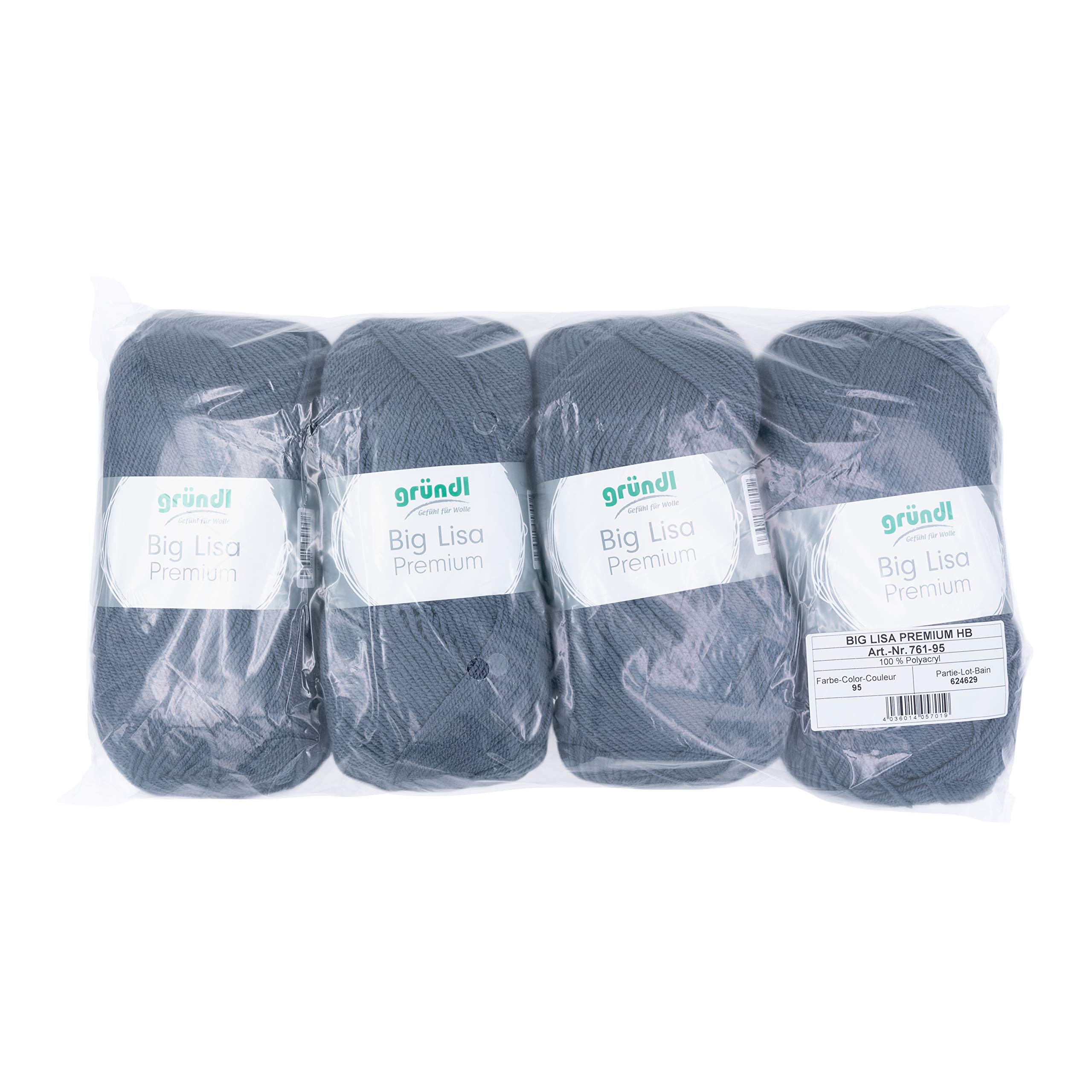 Gründl Big Lisa Premium Stone Grey Knitting & Crochet Yarn Easy Care 100% Polyacrylic 250g/665m Needle Size 3.5-4.5 - 4 x 250g Balls