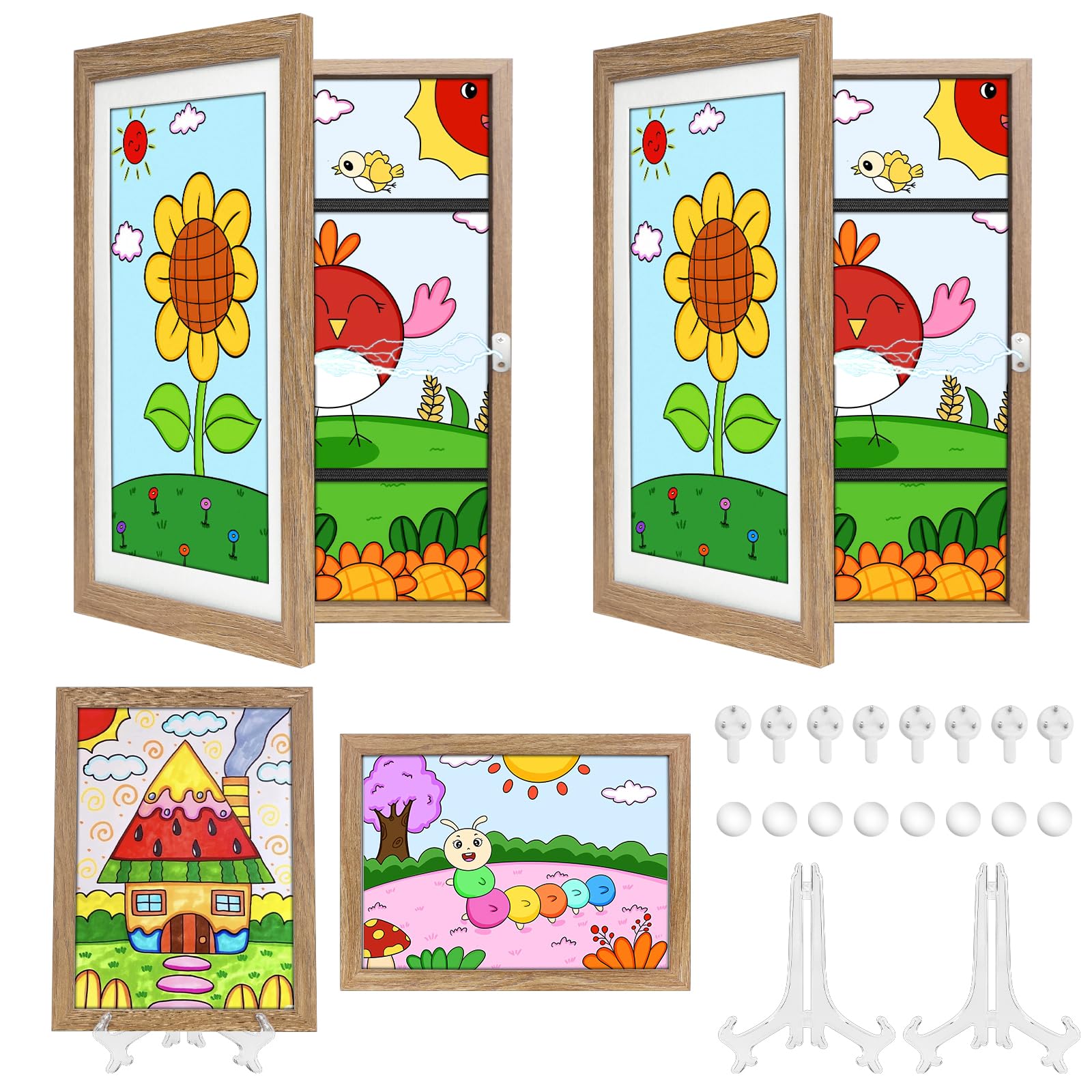 SelfTek Marco Dibujos Infantiles A4, Pack de 2 Marcos para Dibujos Niños con Soporte, Apertura Frontal Magnética, Hasta 150 Dibujos, Ideal para Casa, Escuela, Regalo (Madera)