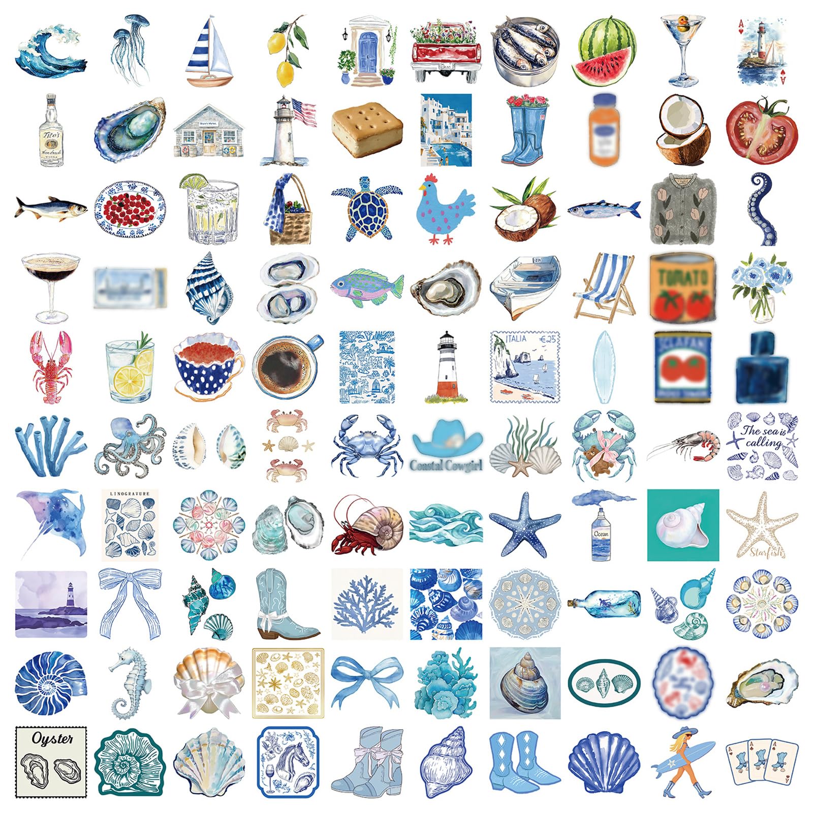 100 szt. naklejek z niebieskim oceanem, naklejka przybrzeżna, plaża lato ocean motyw wodoodporne naklejki winylowe, naklejki o tematyce przybrzeżnej, do scrapbookingu, butelek z wodą, laptopów