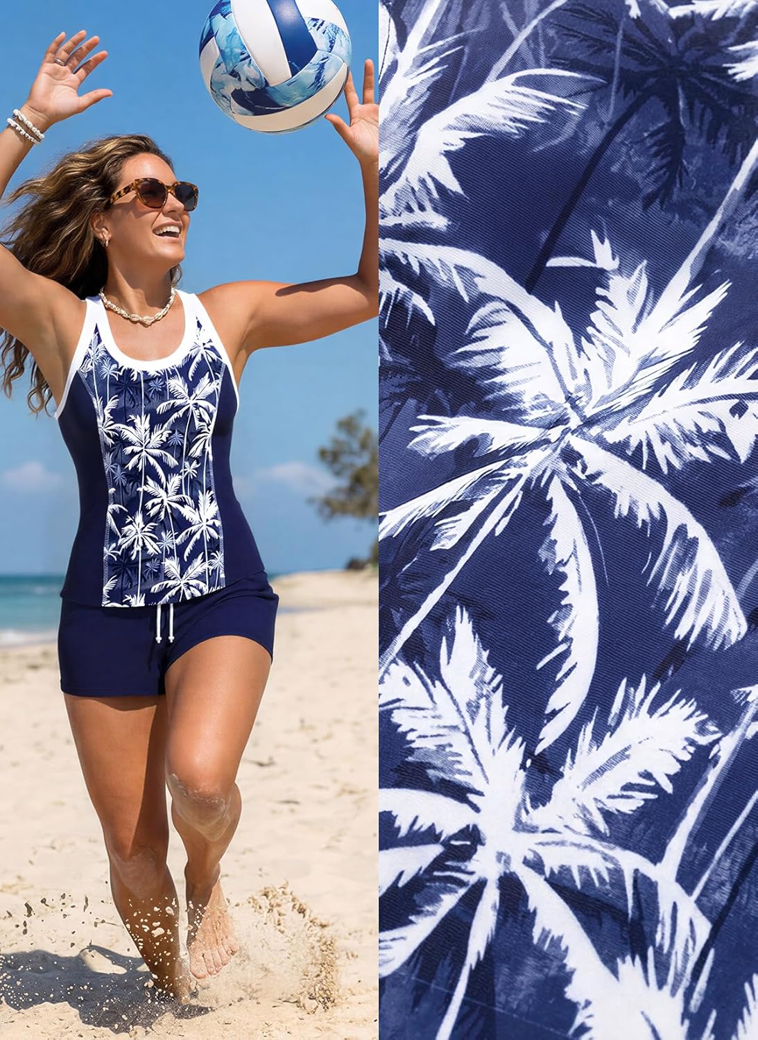 MODLILY Classic Two Piece Tankini Swimsuits for Women, Contrast Binding Bathing Suits, Full Coverage Tank with Shorts
