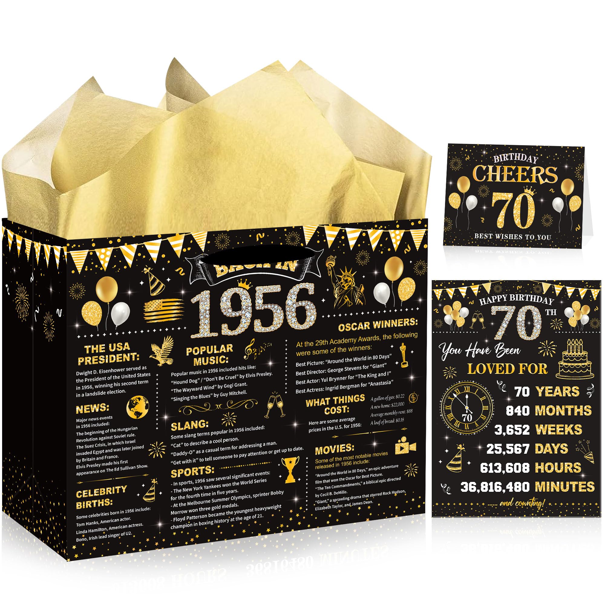 EoBeCy 70th Birthday Gift Bags for Men Women, Back in 1955 Gift Bag with Tissue Paper, Poster and Greeting Card, Black Gold Wrapping Paper for 70 Year