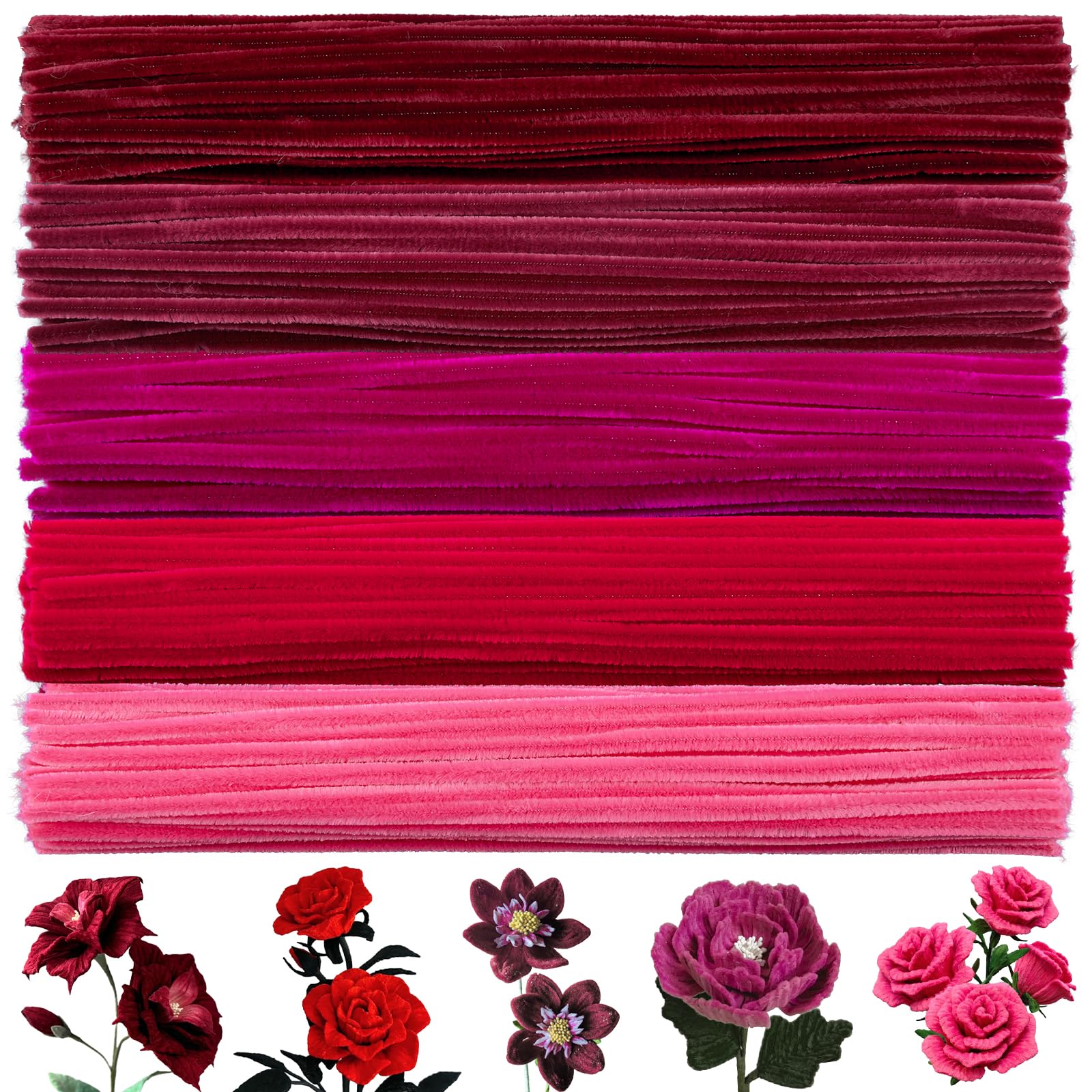 BULANGDE 250 Stück Pfeifenputzer zum Basteln Rot, Pfeifenreiniger Blumen Set 30cm Lang 8mm Dick, Chenilledraht Pipe Cleaner für DIY-Kunst, Kinder Handwerk, Festdekoration (5 Farbverlauf Rot)​