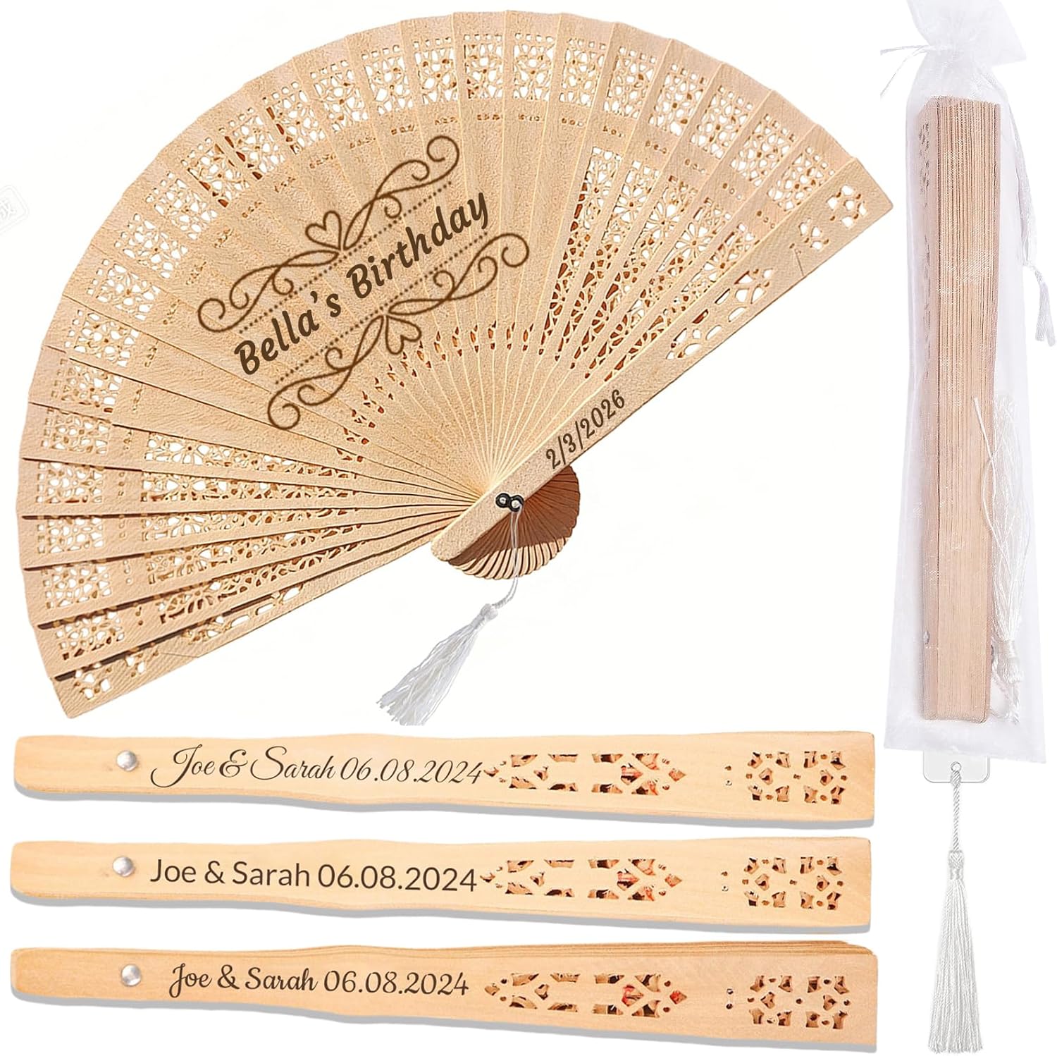 Personalized Fans for Wedding Guests Wedding Favors for Guests Bulk Custom Wooden Folding Hand Fans with Tassel and Organza Bags Birthday & Party Gifts (50)