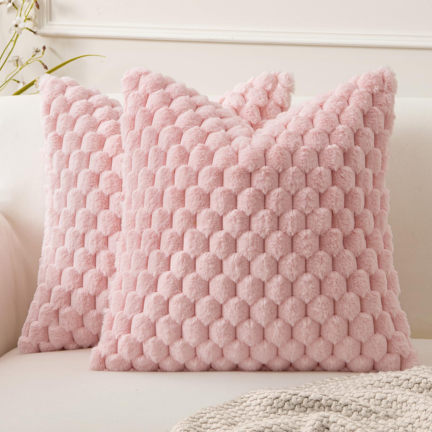 Lot De 2 Housses De Coussin Fleur De Givre - Velours Et Fausse Fourrure - 45x45 Cm Bleu Marine - Pour Canapé, Salon, Chambre