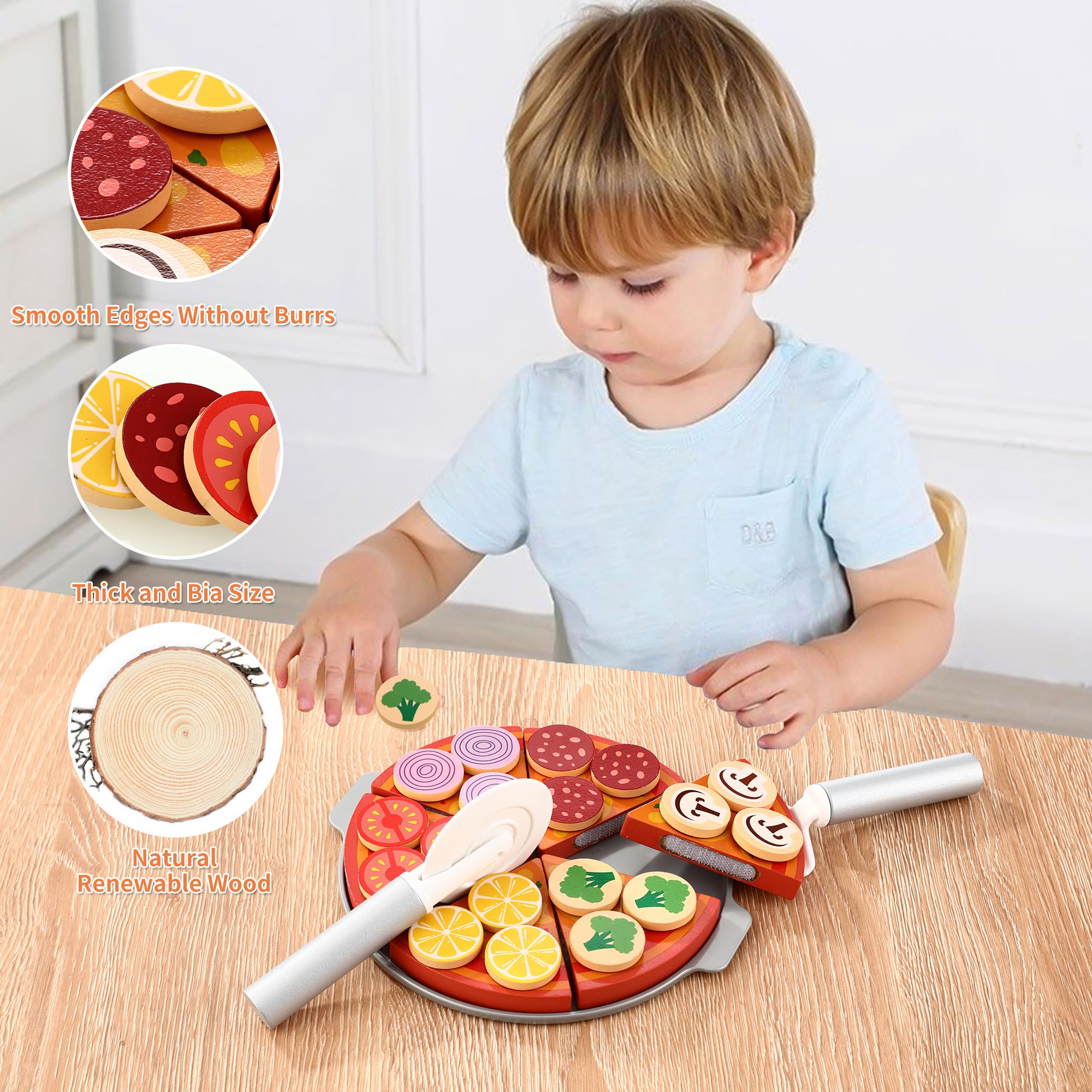 Lehoo Castle Pizza Kinderküche - Holz Spielküche Zubehör Mit Klettverschluss