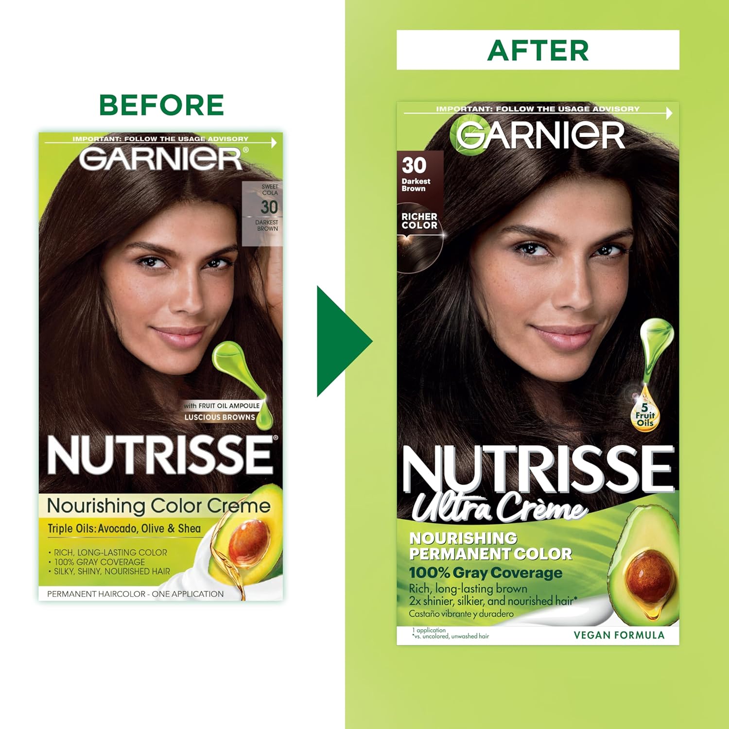 Garnier Nutrisse Ultra Crème Hair Color, Permanent Hair Dye with 100% Gray Coverage, Vegan & Cruelty-Free, 30 Darkest Brown (Sweet Cola), 2 Count - Image 3