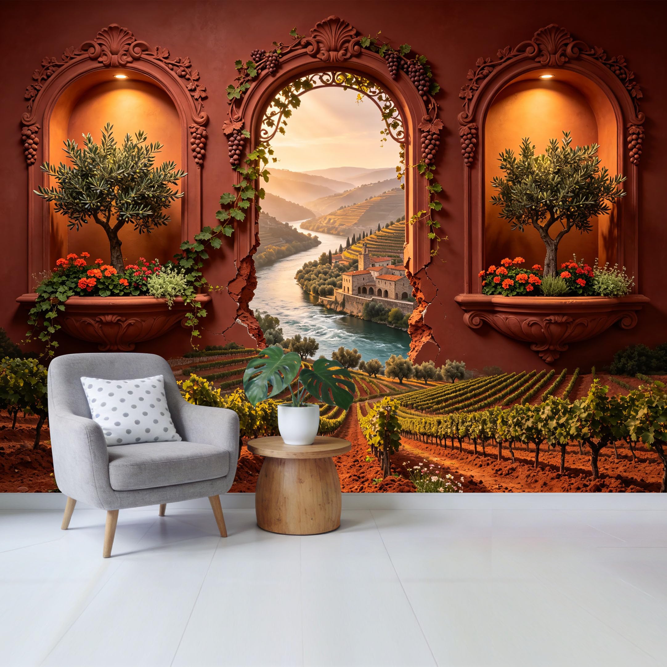 Removable Self Adhesive Fabric Mural， Tuscan Vineyard Landscape Custom Size Wall Covering， UV Protected Waterproof Washable Wall Decor for Living Room Bedroom Bathroom